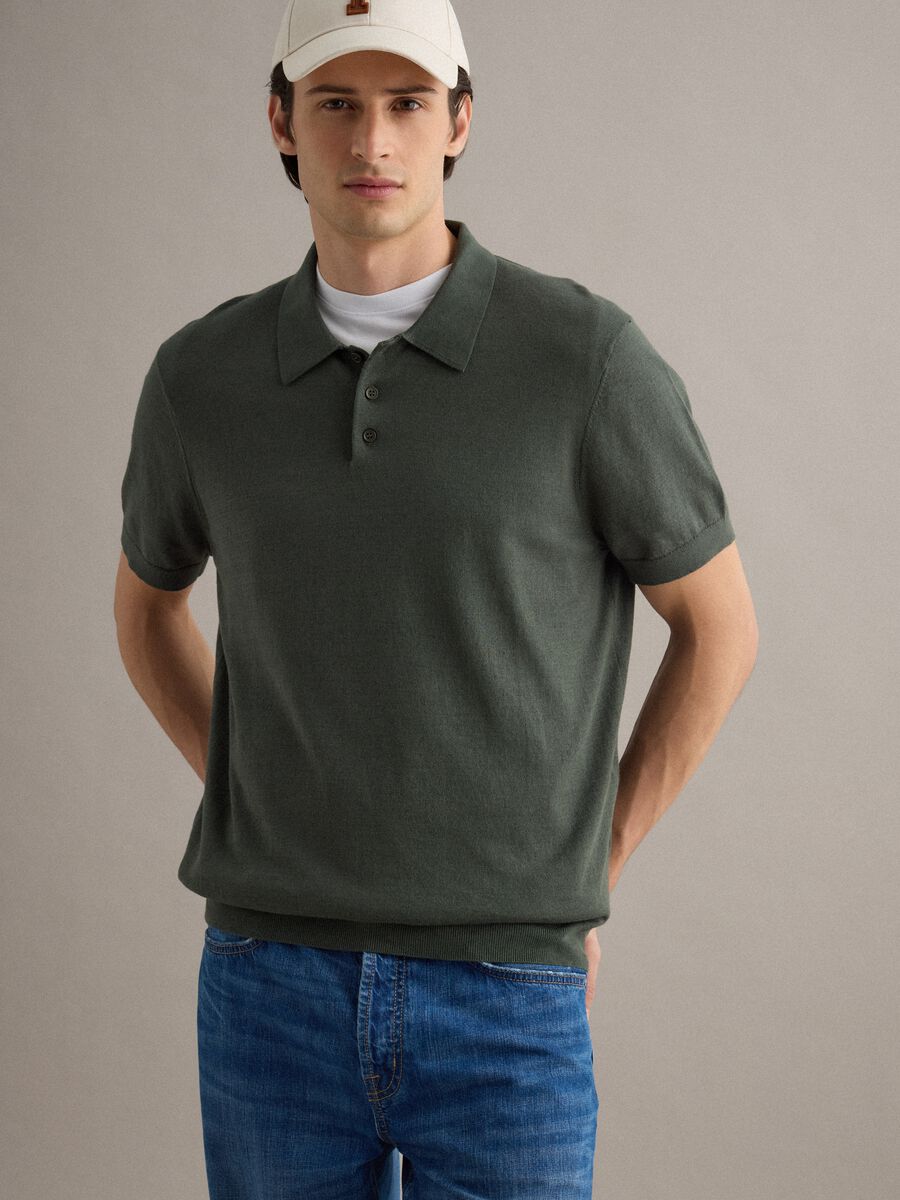 Regular fit green cotton, linen and silk blend polo_0