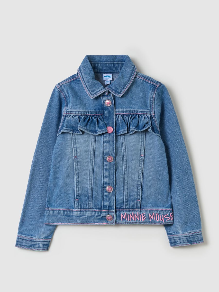 Denim jacket with flounce and Minnie Mouse embroidery_0