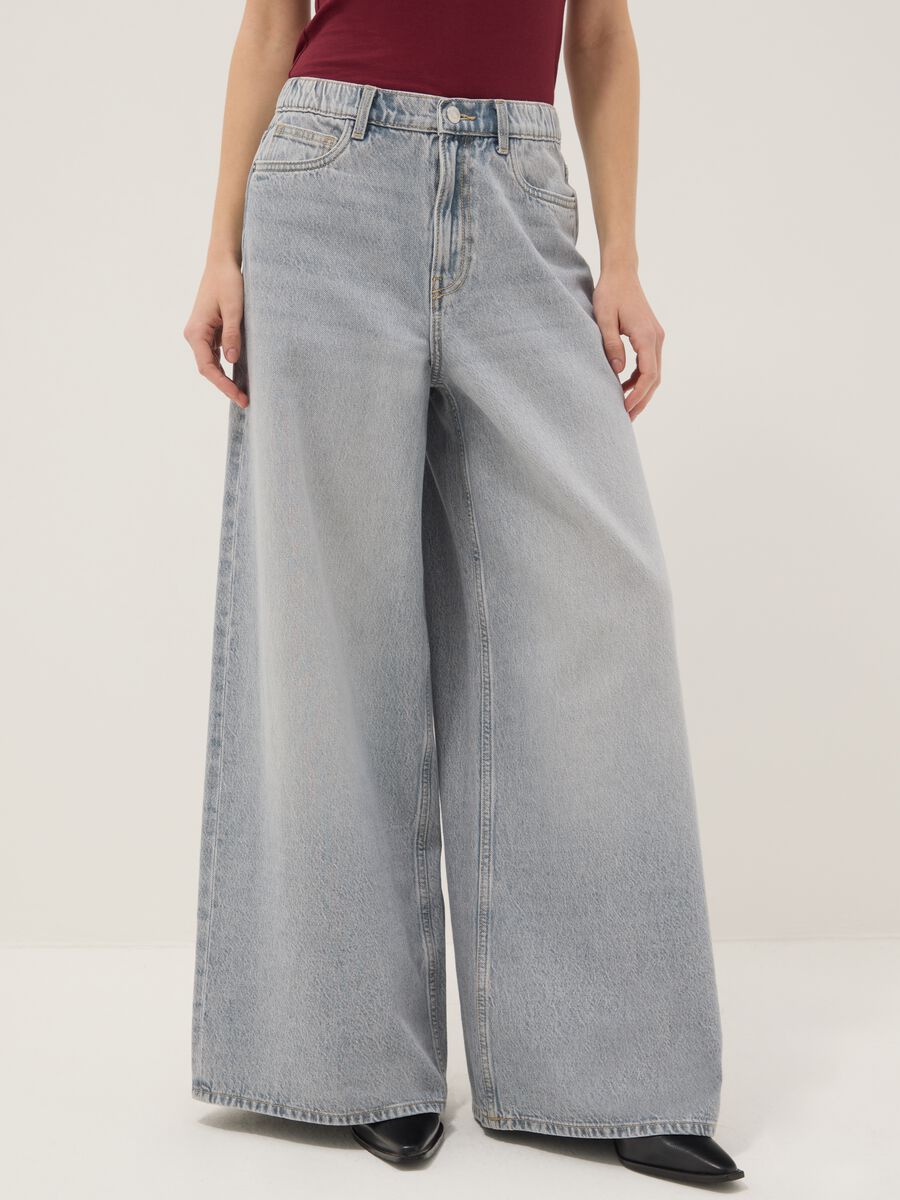 Pure grey denim cotton wide leg jeans_1