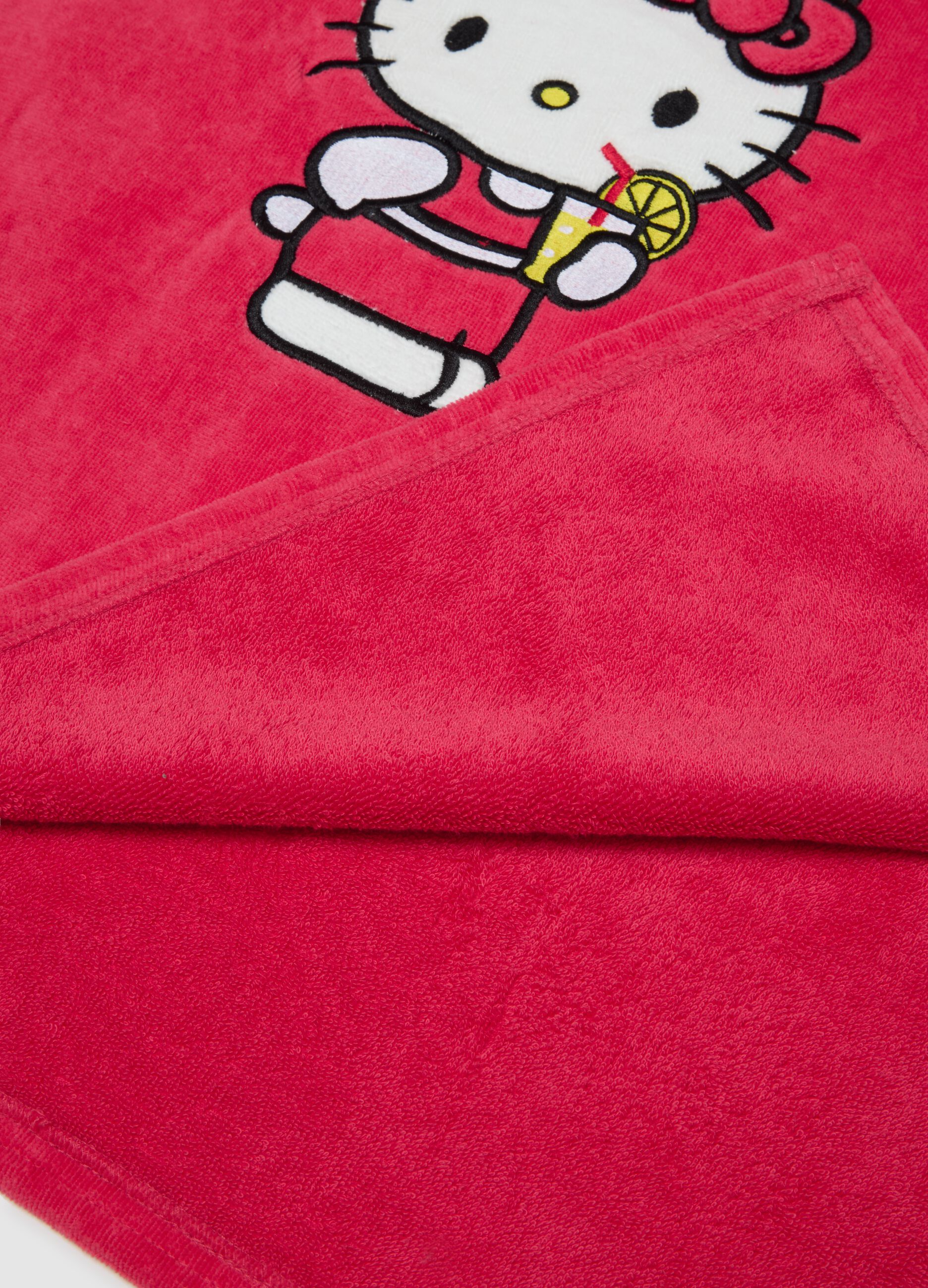 Girls' pure cotton red poncho with hood featuring Hello Kitty print