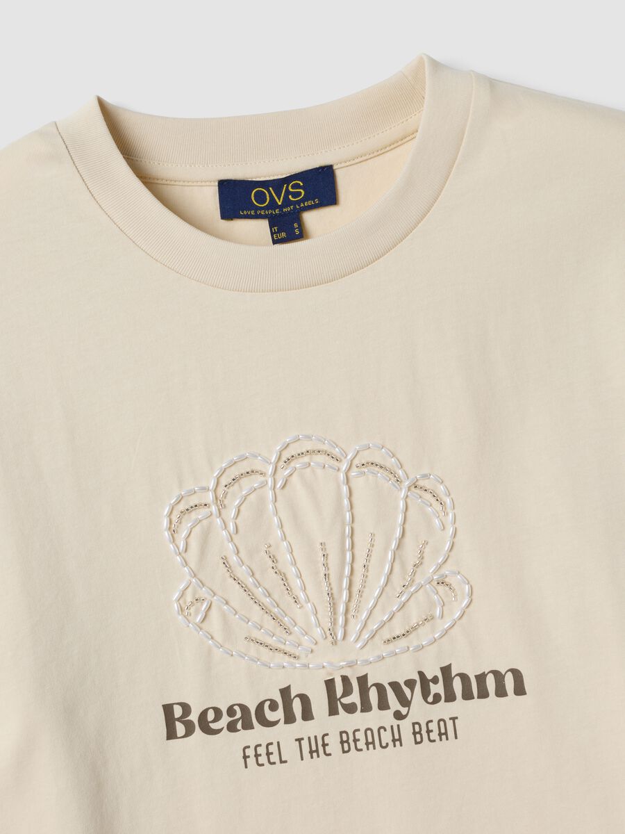 Beige short-sleeved pure cotton T-shirt with embroidery_1