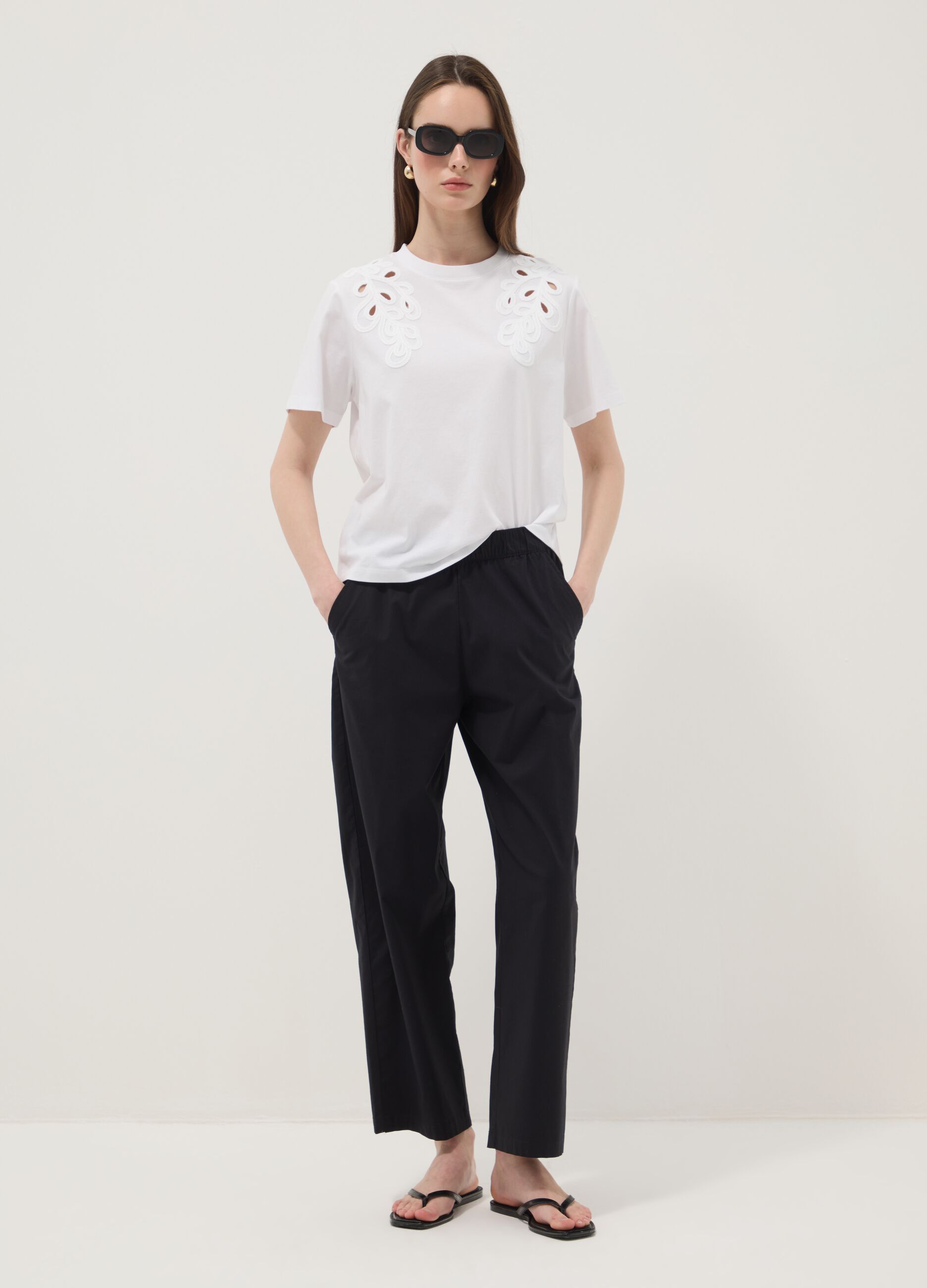 White pure cotton T-shirt with embroidery, regular fit