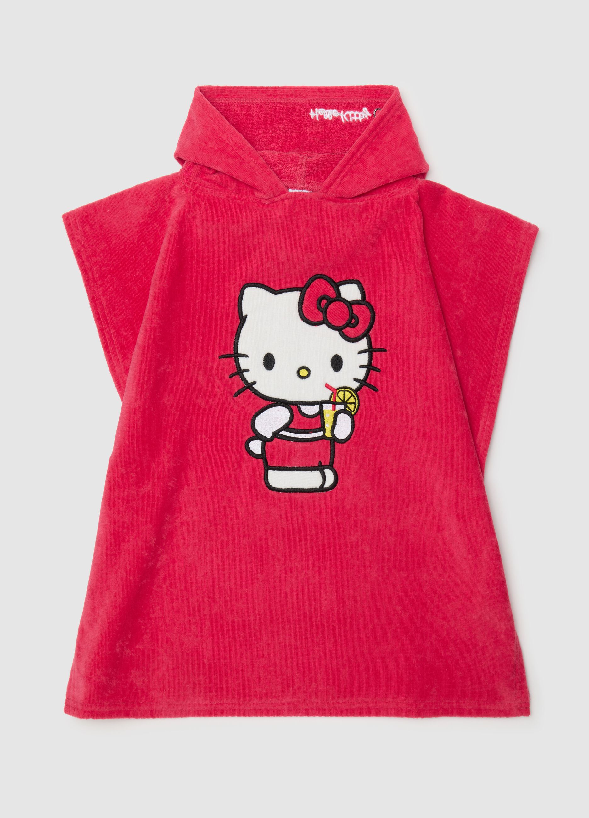 Girls' pure cotton red poncho with hood featuring Hello Kitty print
