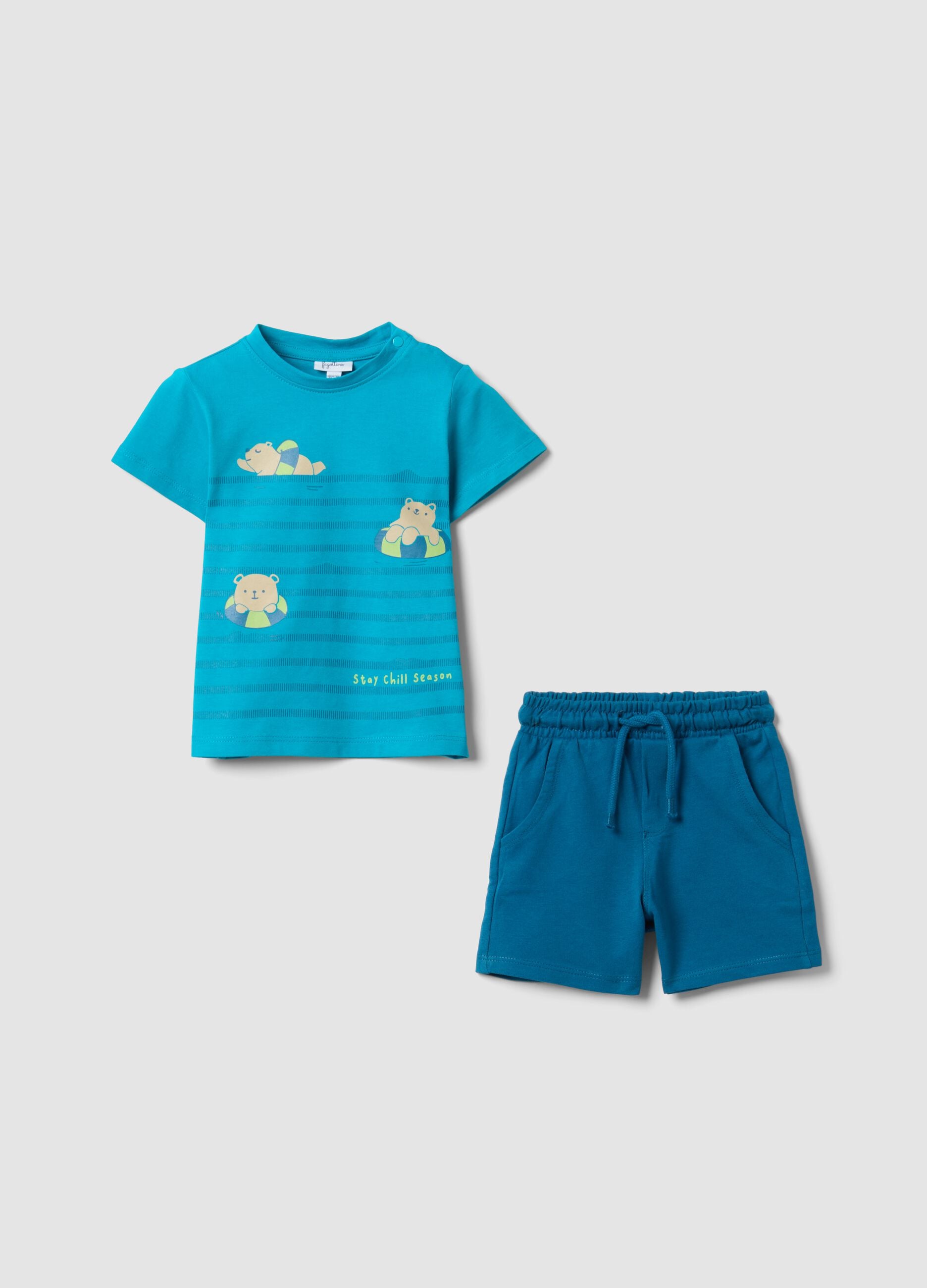 Light blue and navy pure cotton teddy bear set for baby boys, regular fit