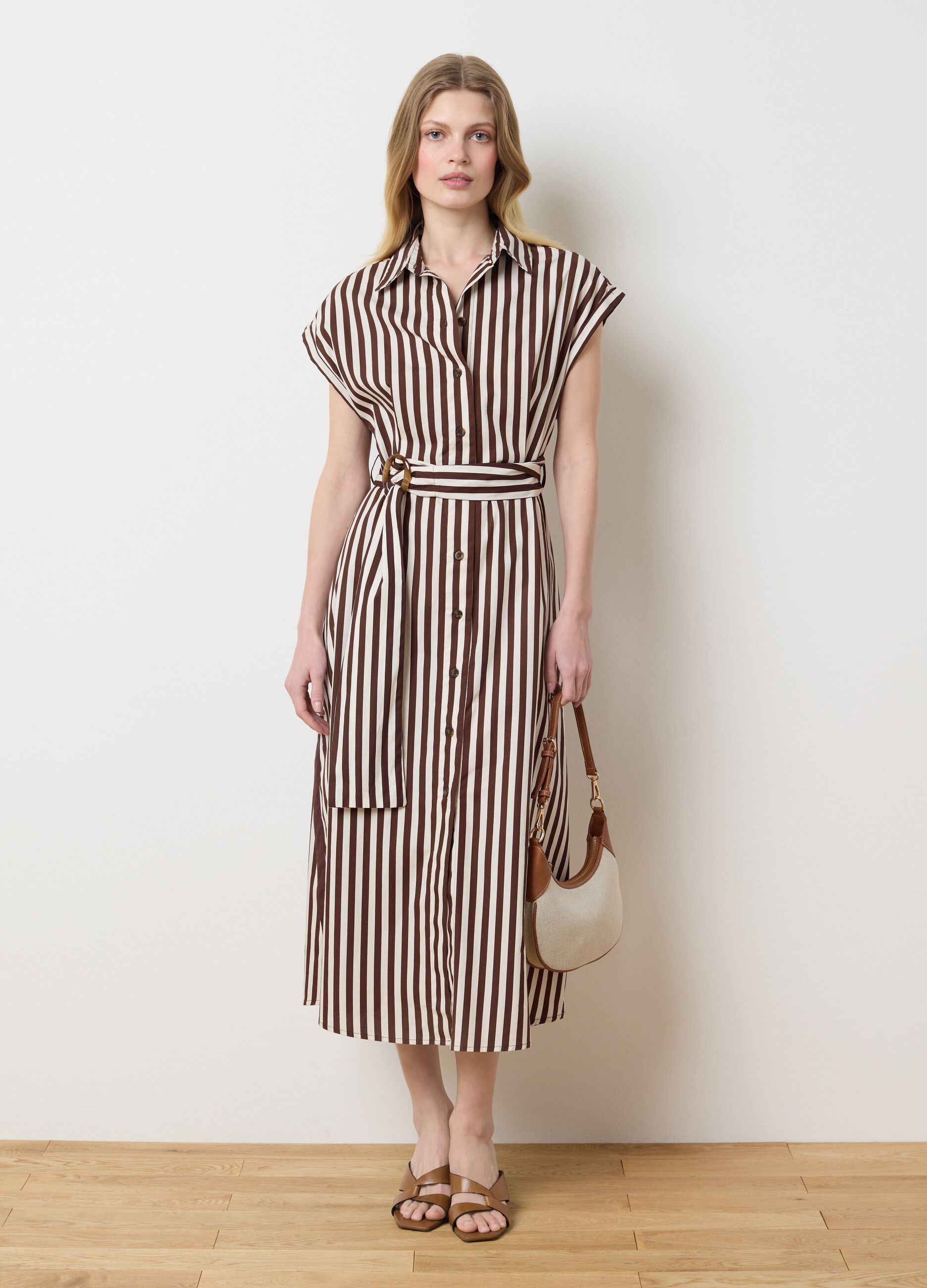 Long shirt dress with brown and white stripes