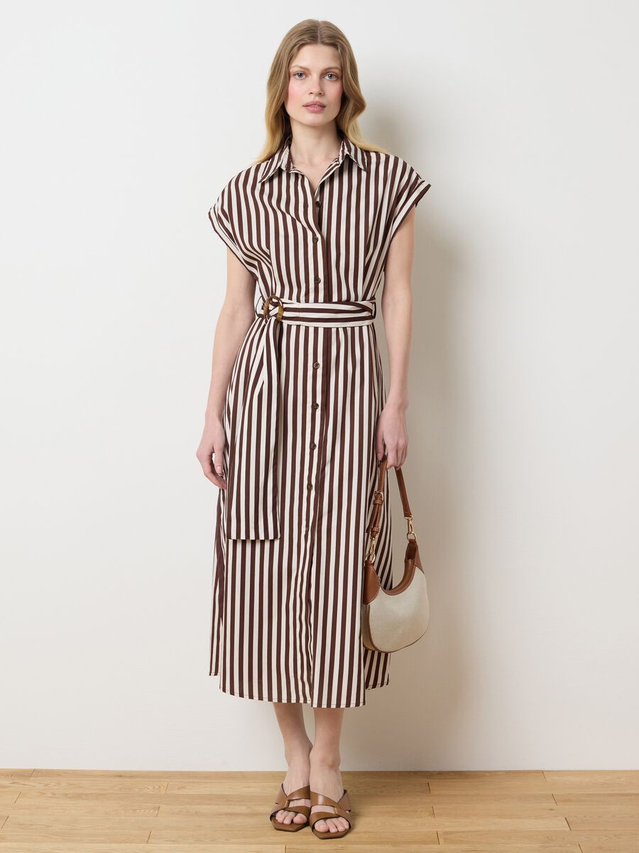 Long shirt dress with brown and white stripes_1