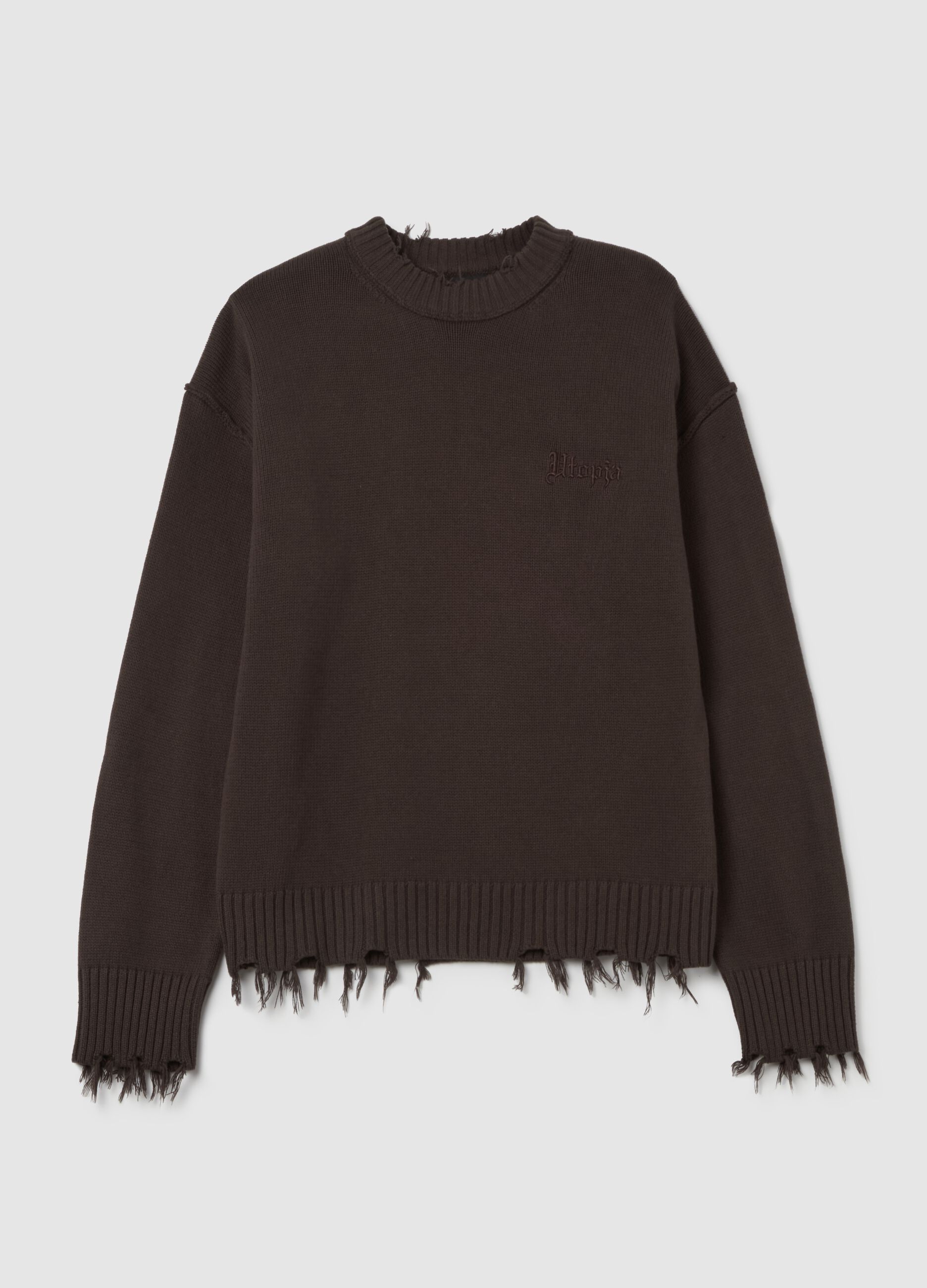 Crewneck Distressed Pullover Chocolate Brown