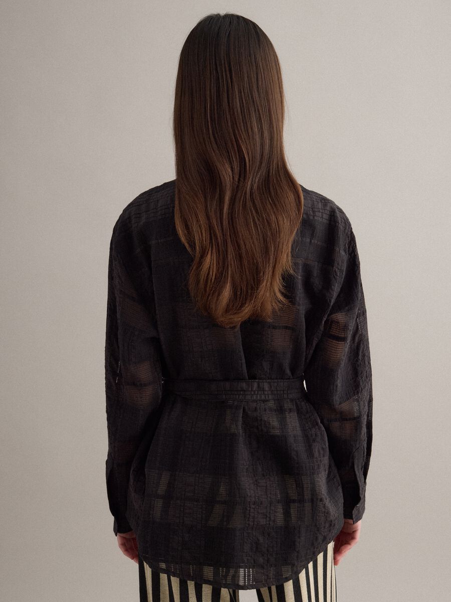 Black viscose blend oversized fit check semi-transparent shirt_3