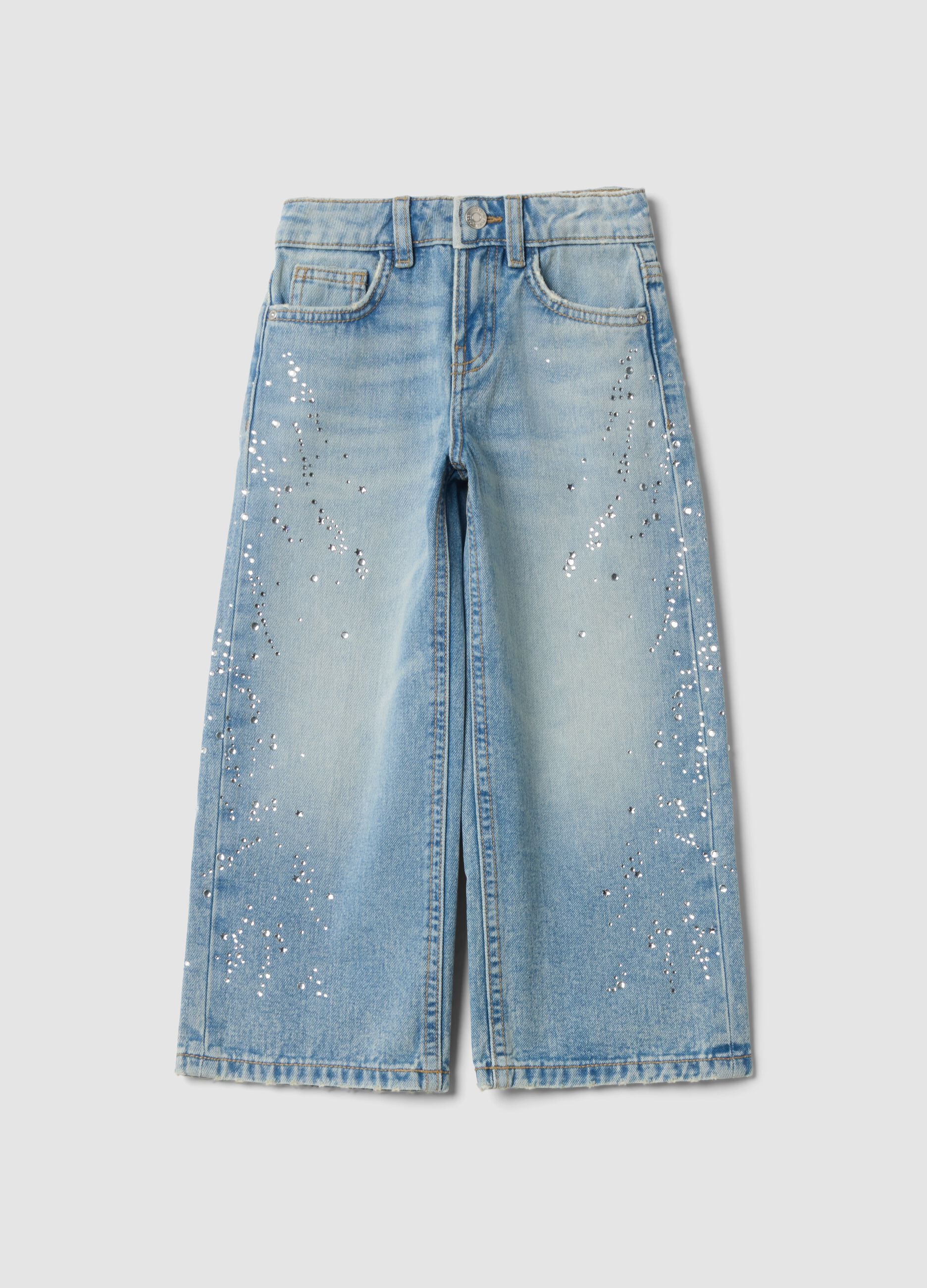Pure cotton straight-fit denim jeans with rhinestones