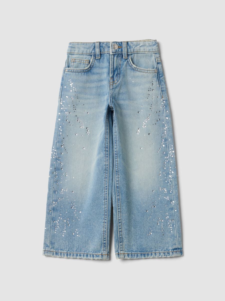 Pure cotton straight-fit denim jeans with rhinestones_0