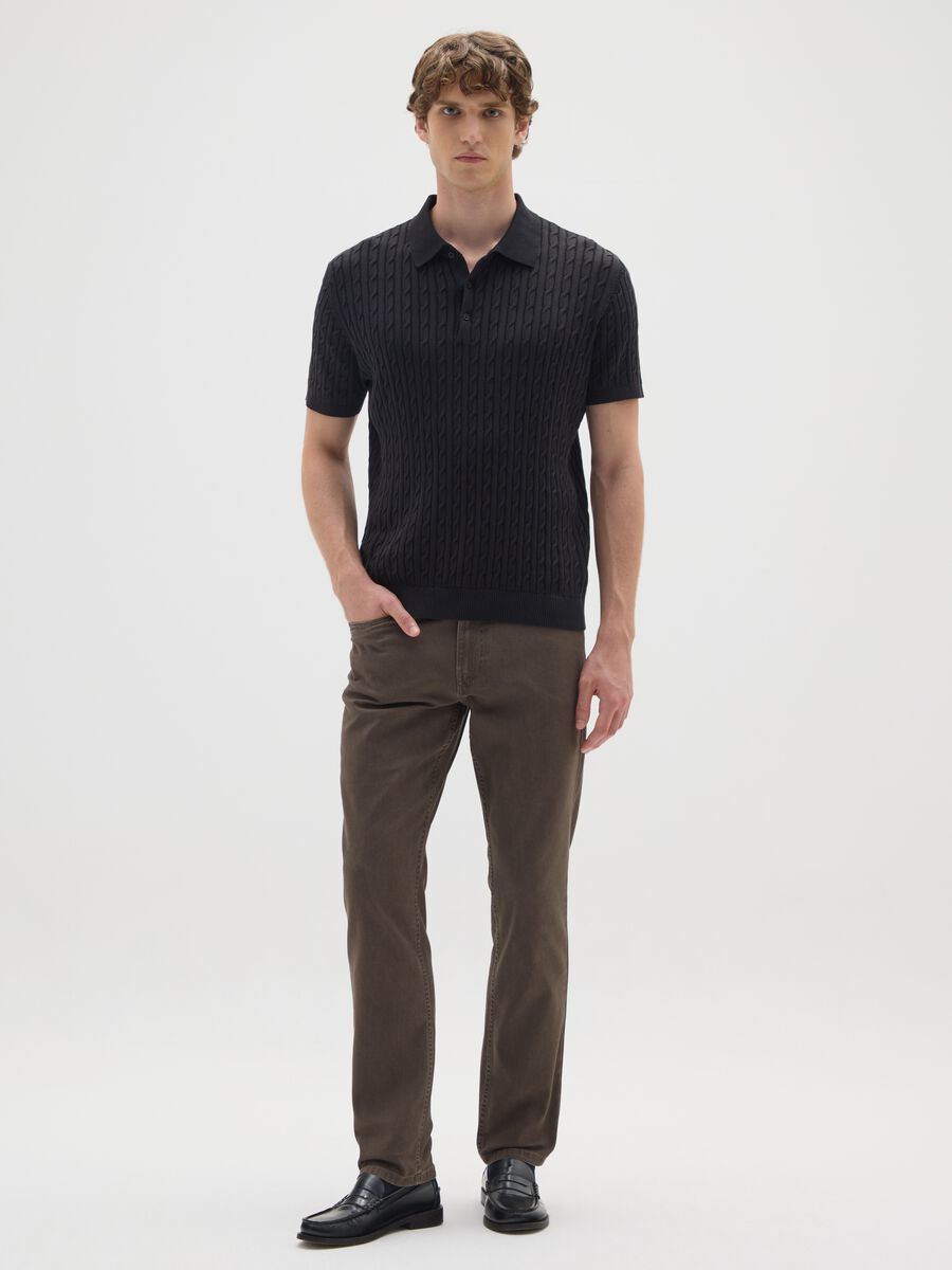 Brown slim fit stretch cotton trousers_0