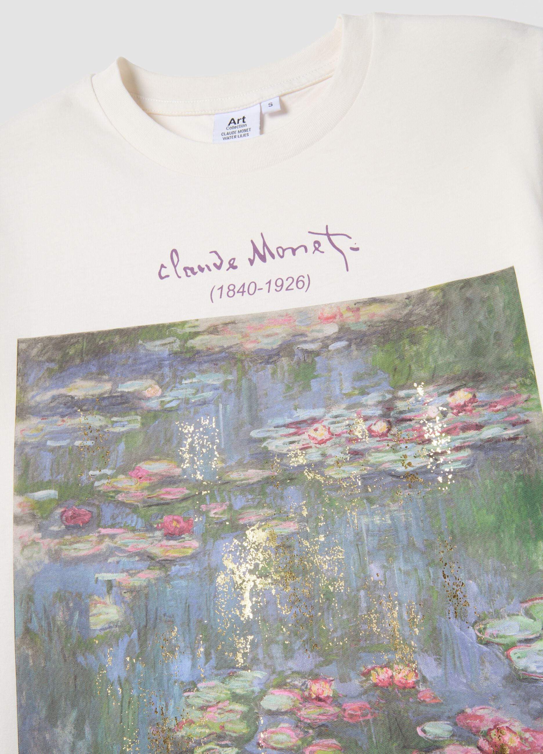 White pure cotton regular fit T-shirt with Monet print