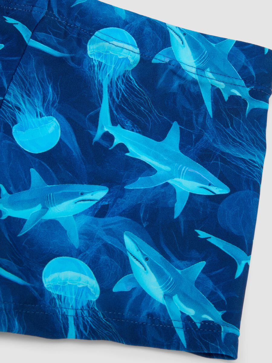 Blue stretch swim shorts with shark print_3