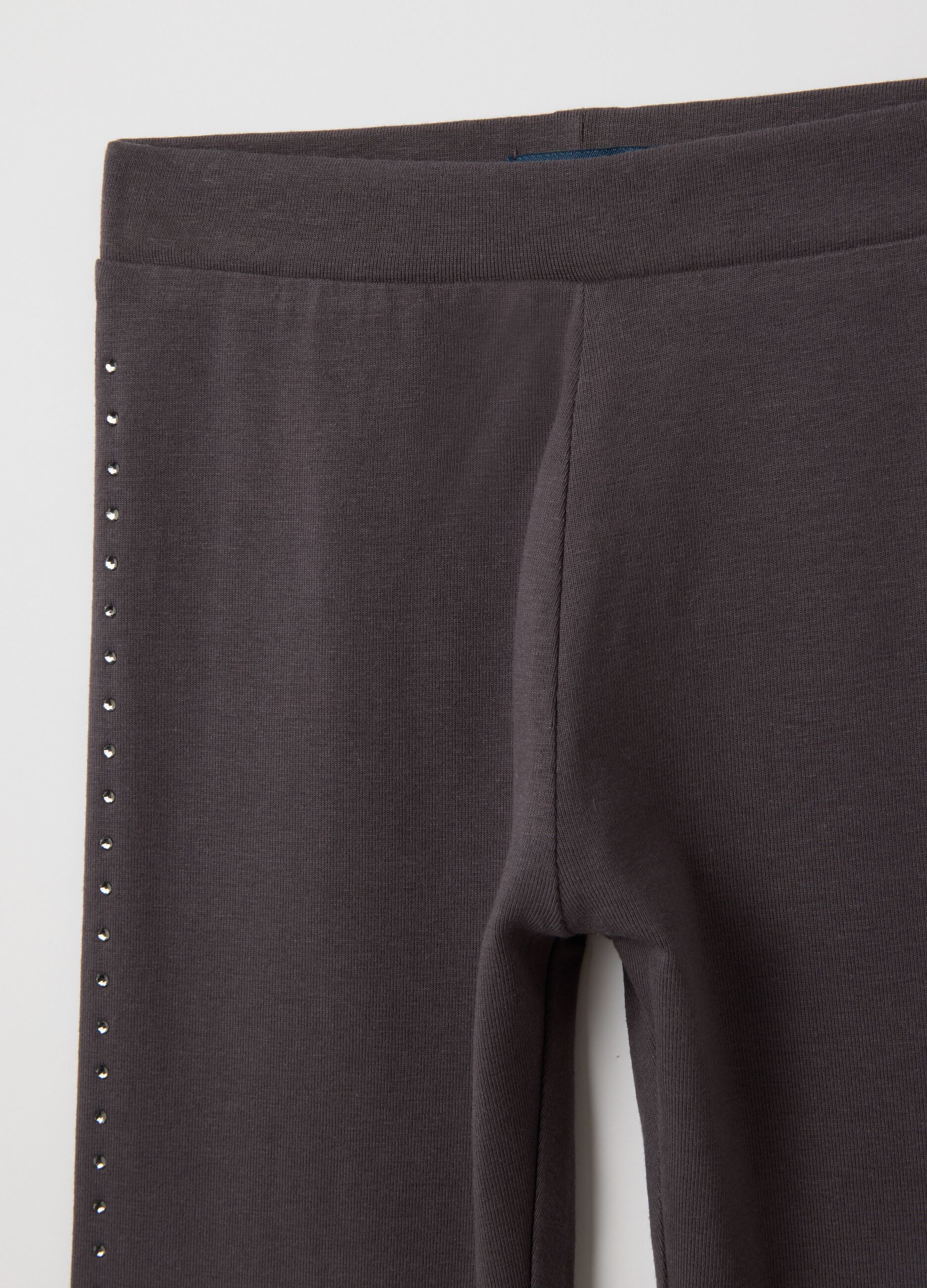 Girls' grey stretch cotton leggings with rhinestones