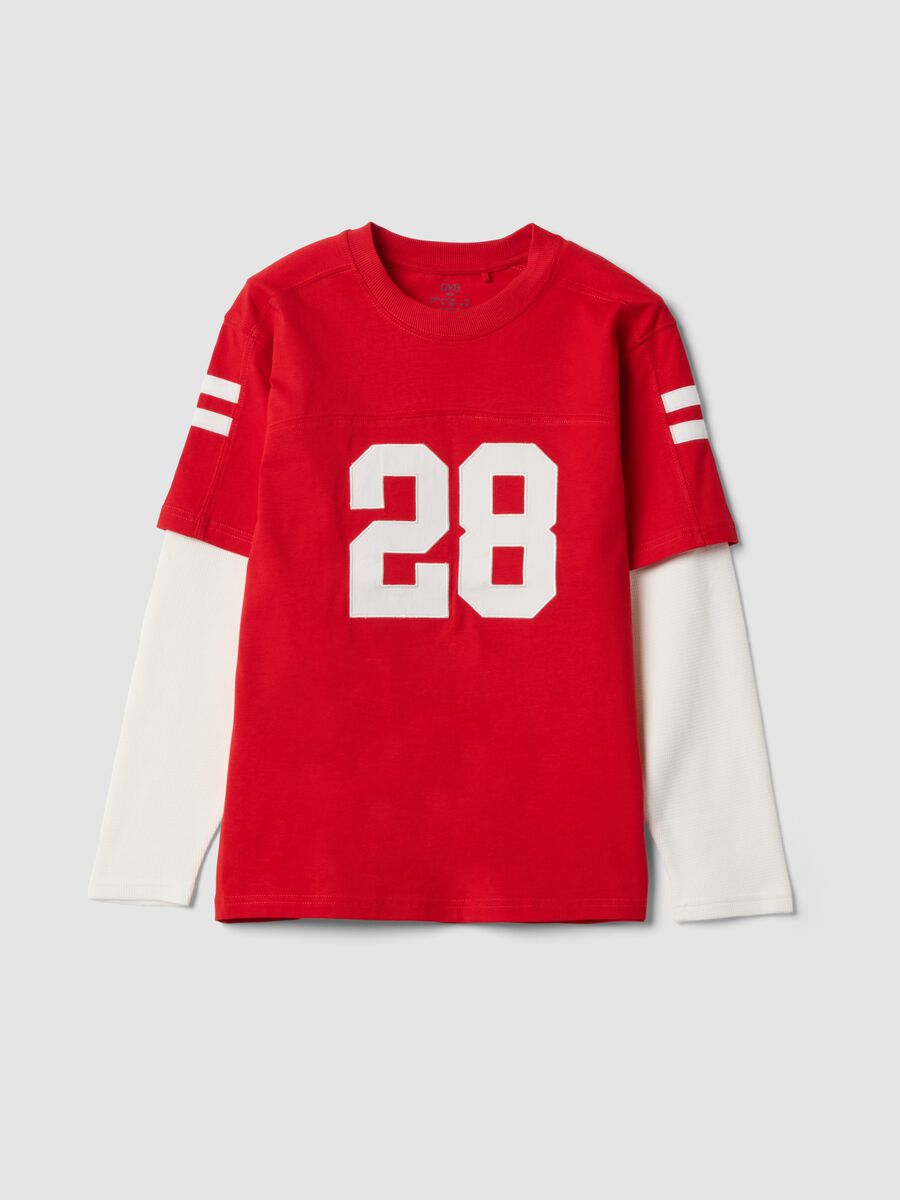 Red pure cotton crew-neck T-shirt with college print for boys_0