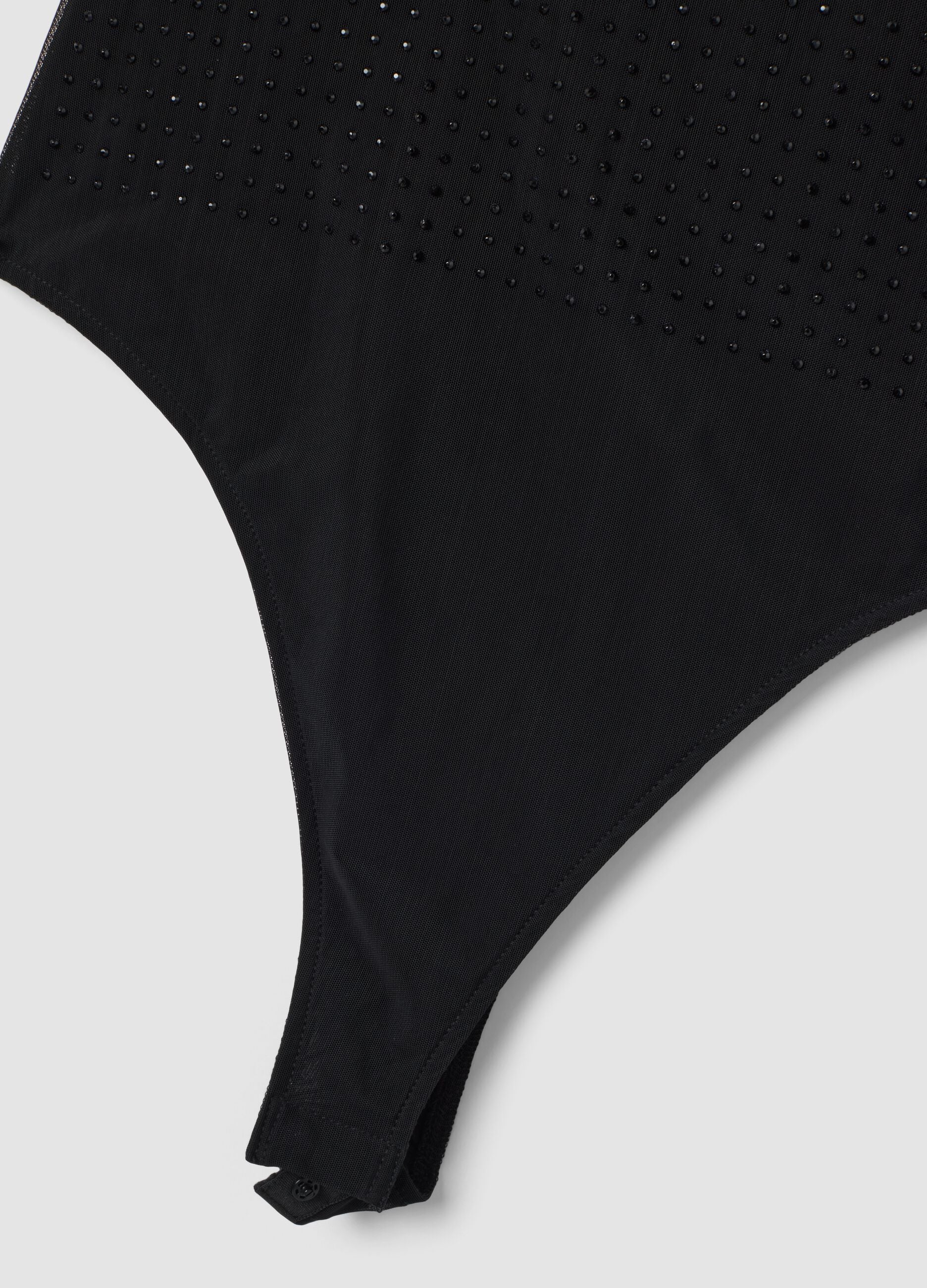 Black stretch fabric bodysuit with rhinestones, regular fit