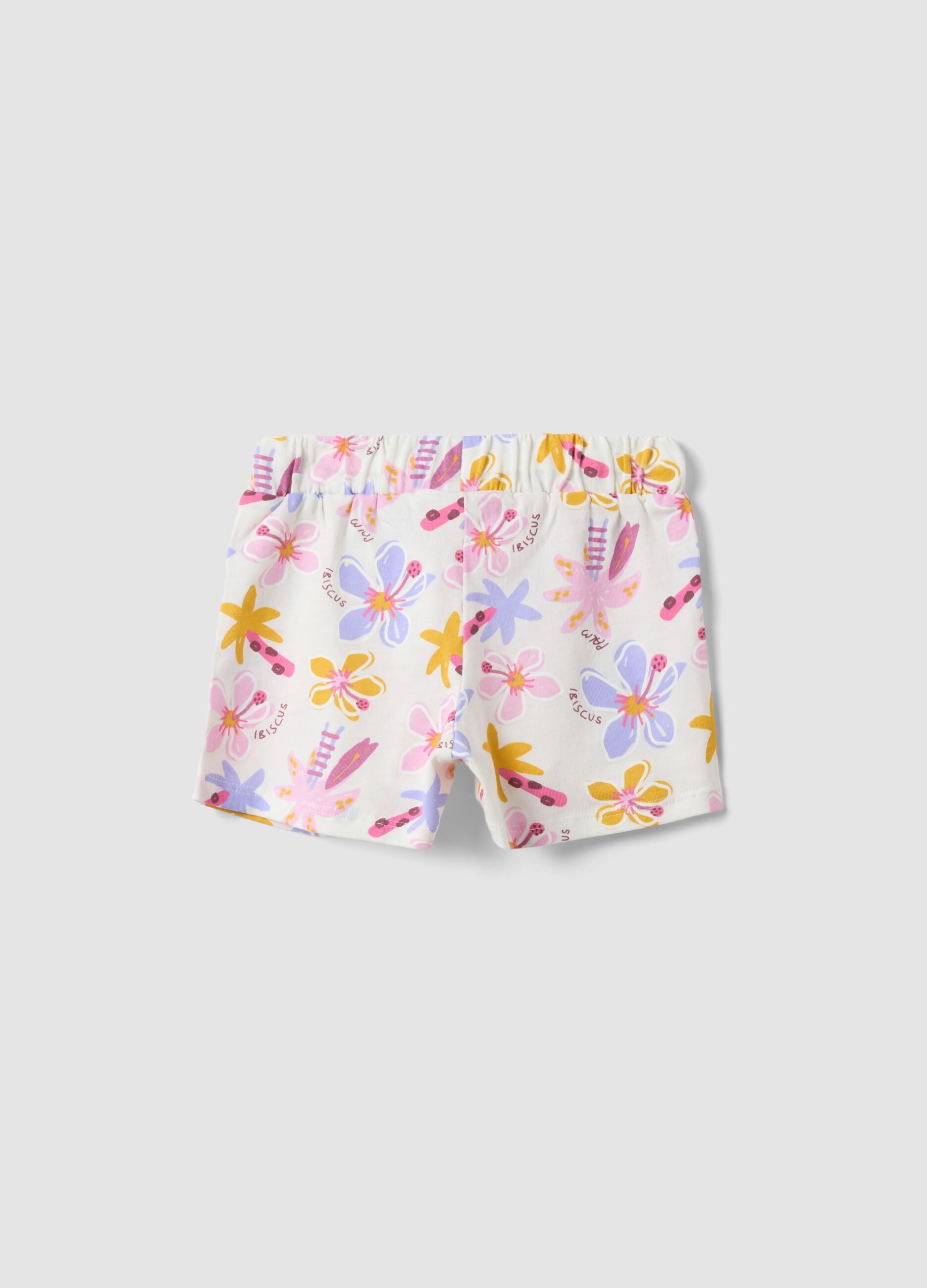 White organic cotton floral shorts for baby girls