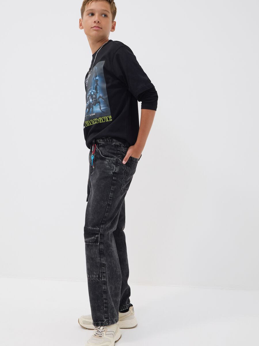 Jeans cargo neri in puro cotone skater fit_1