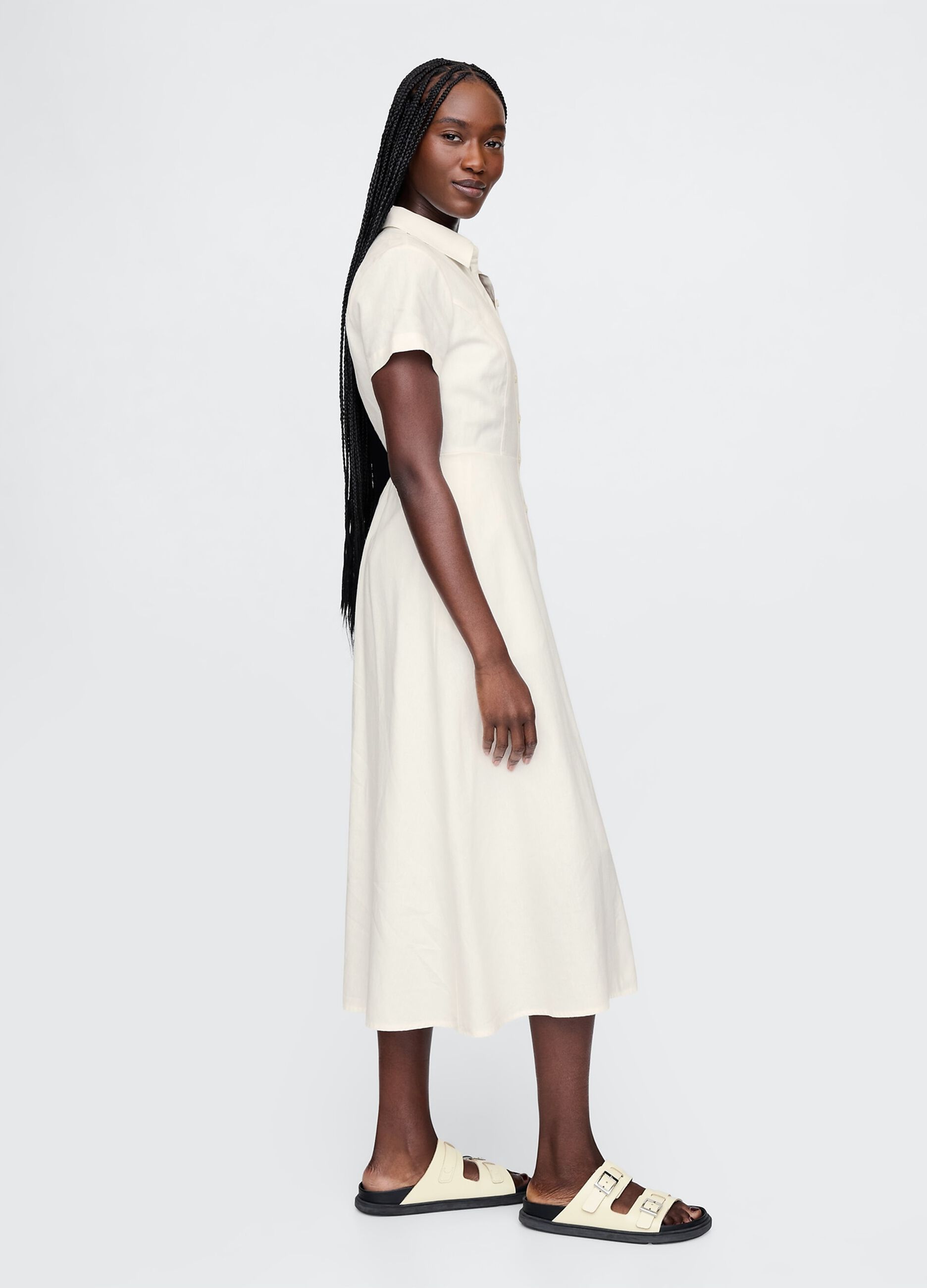 Long beige shirt dress in linen and viscose