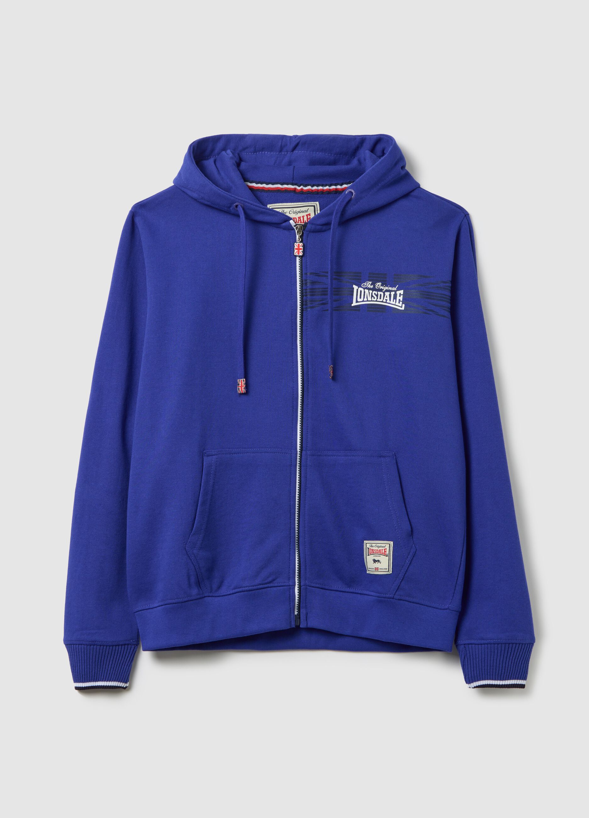 Blue full-zip sweatshirt with hood