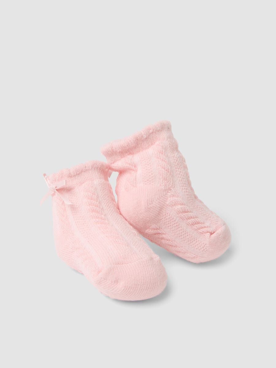 Pink organic cotton blend baby girl booties with bow_1