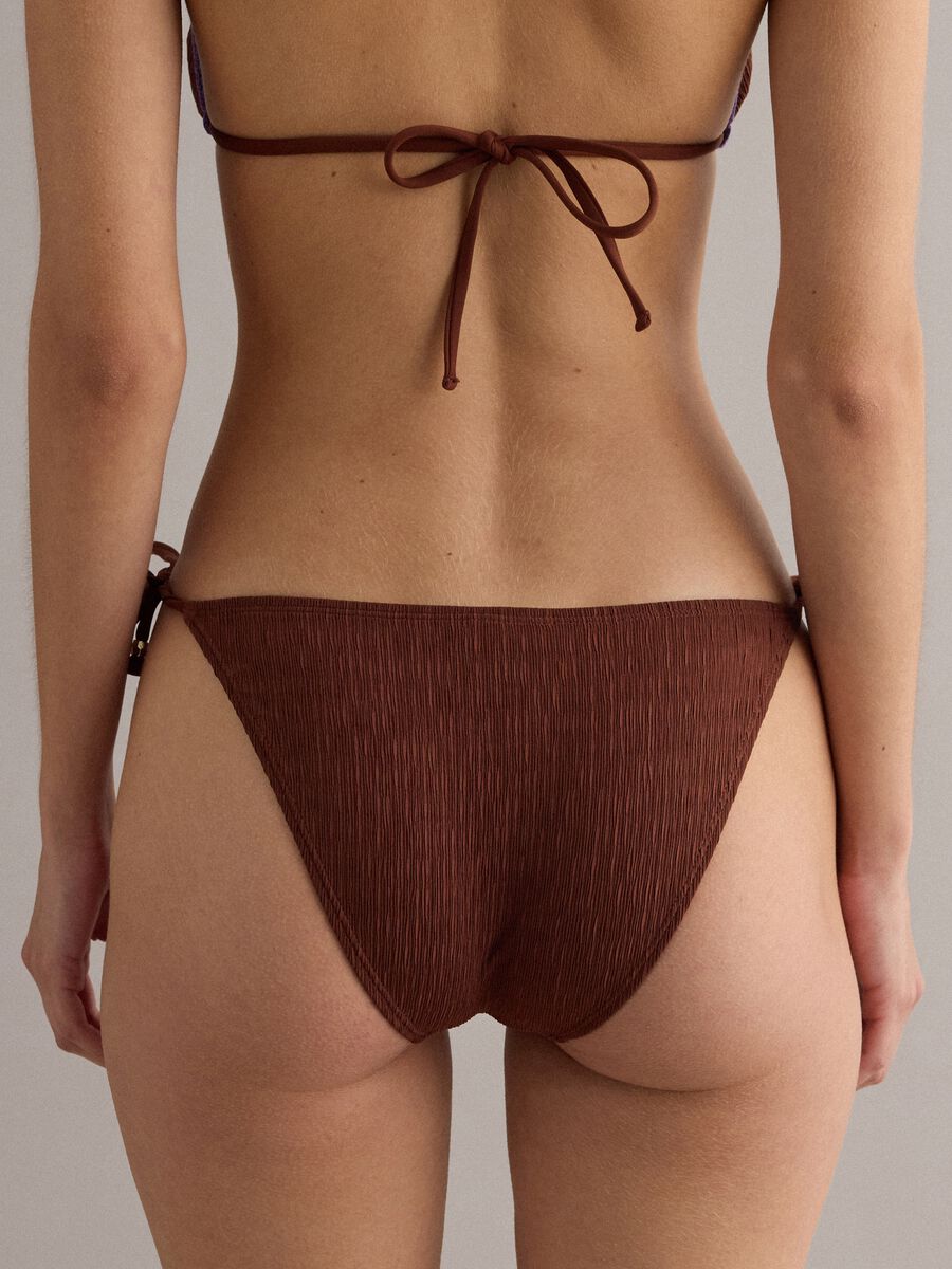 Brown triangle bikini bottoms in stretch fabric with purple trim_3
