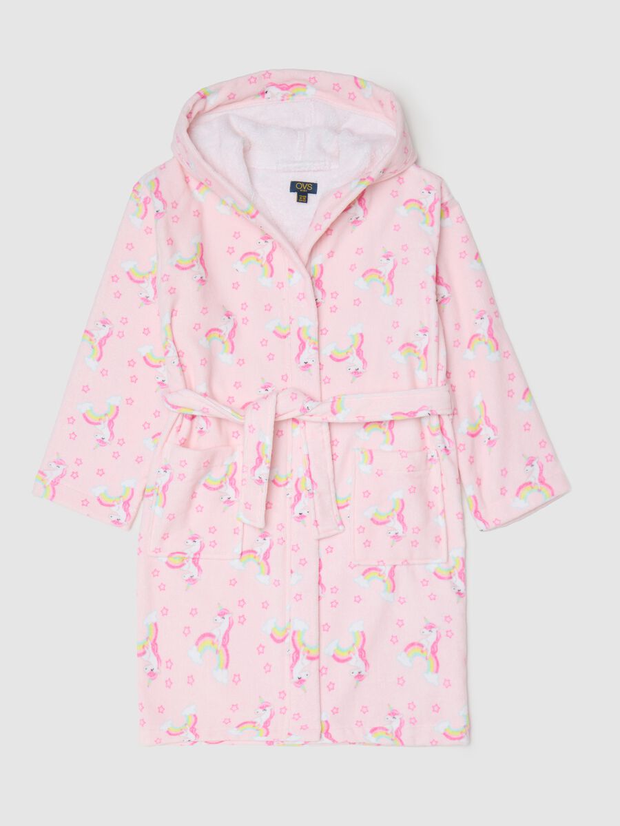 Pink bathrobe with hood and unicorns print_0
