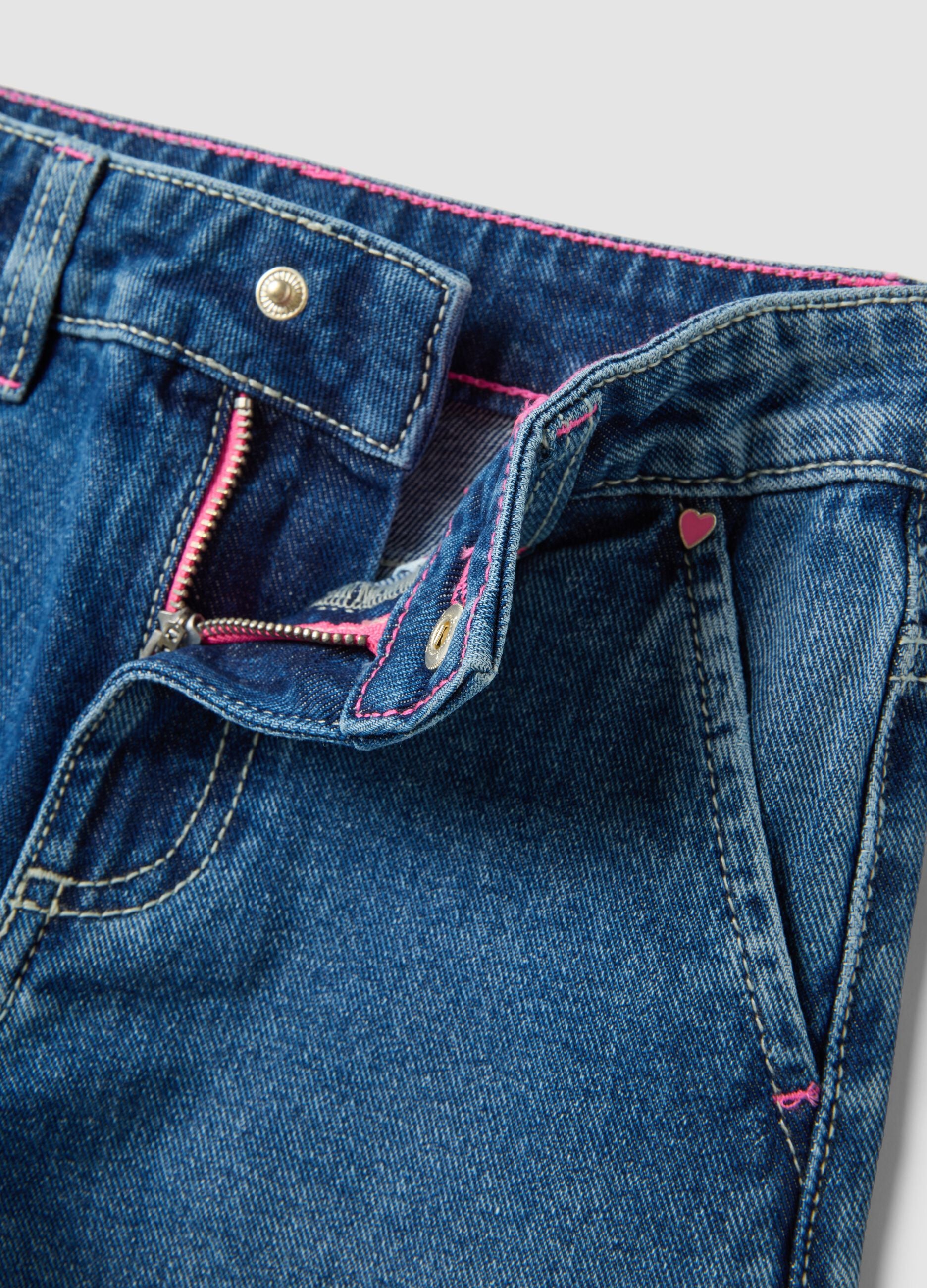 Blue wide-leg pure cotton jeans with floral print for girls