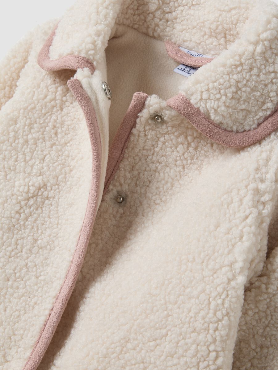 Beige padded teddy-effect jacket with collar and pink trim_2