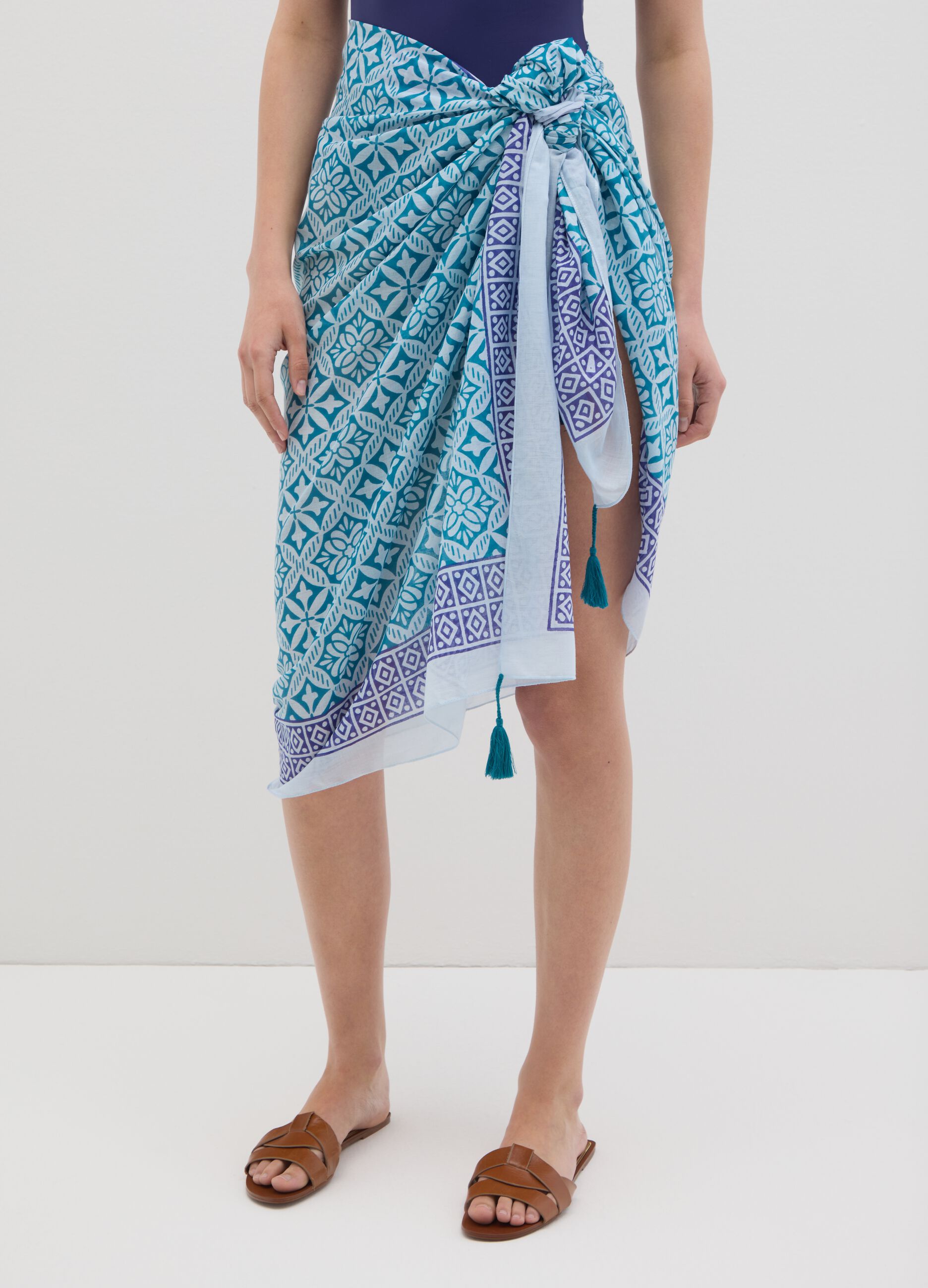 Pareo da donna in puro cotone multicolor con fantasia geometrica