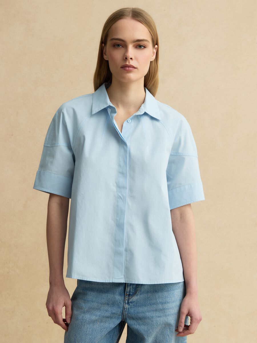 Camicia a maniche corte in puro cotone azzurra regular fit_0