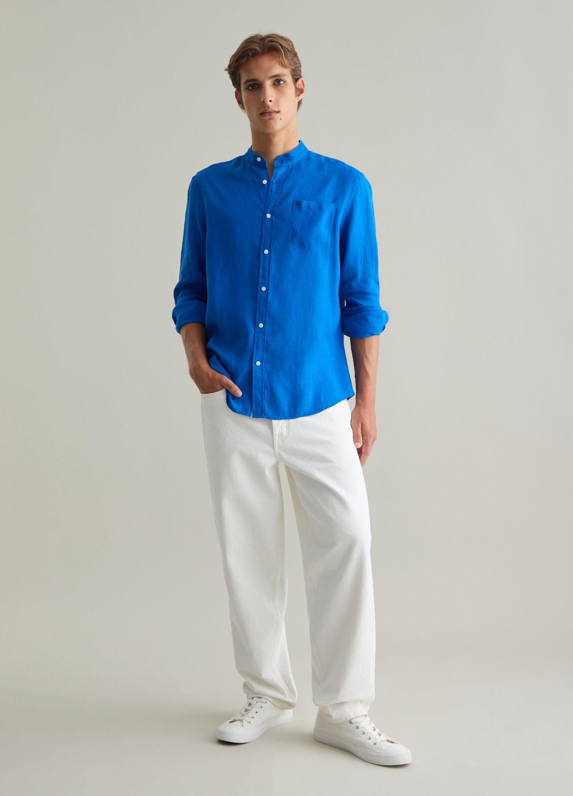 Camicia da uomo in puro lino blu regular fit