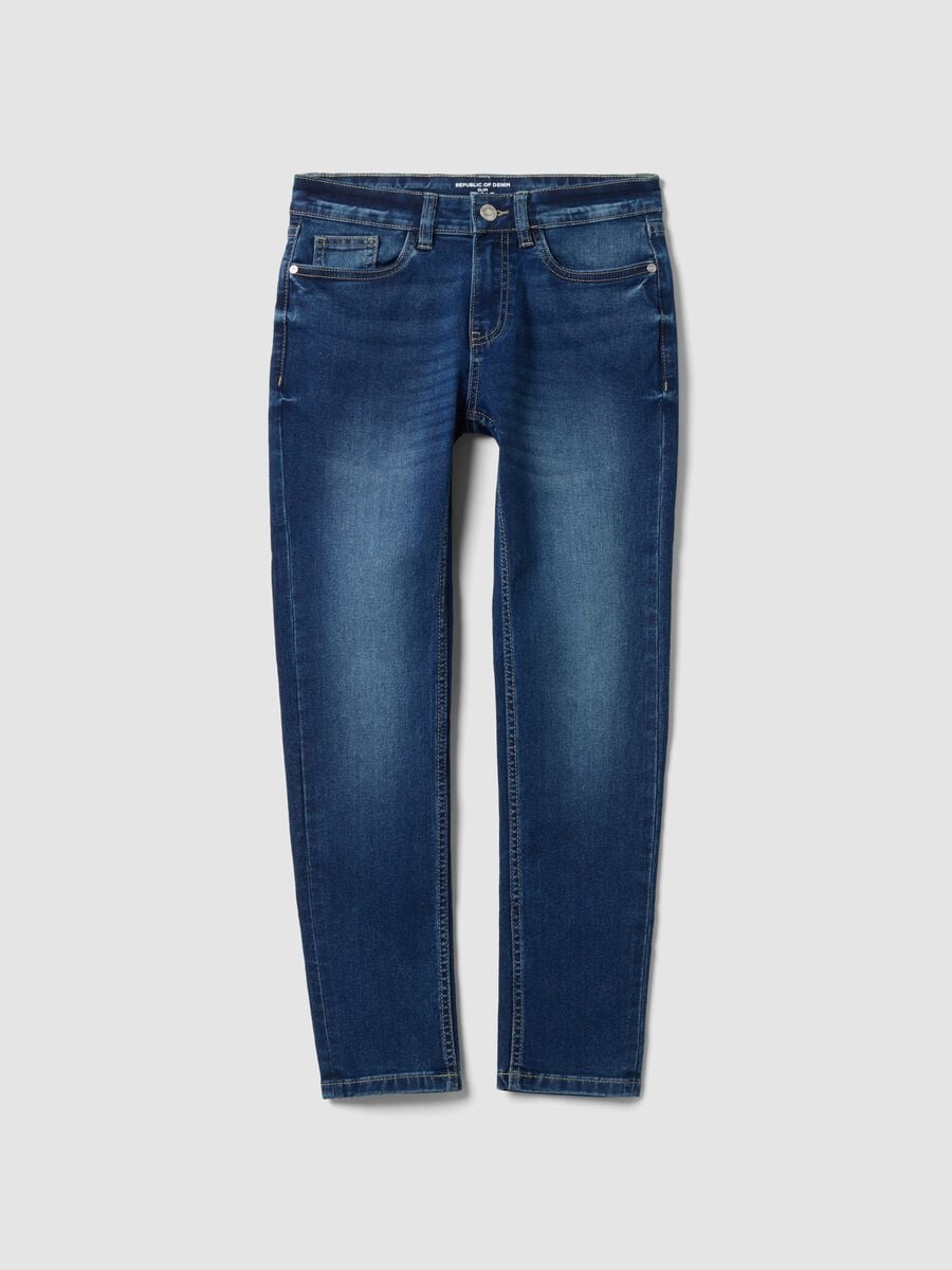 Jeans blu in cotone elasticizzato slim fit per ragazzo_0
