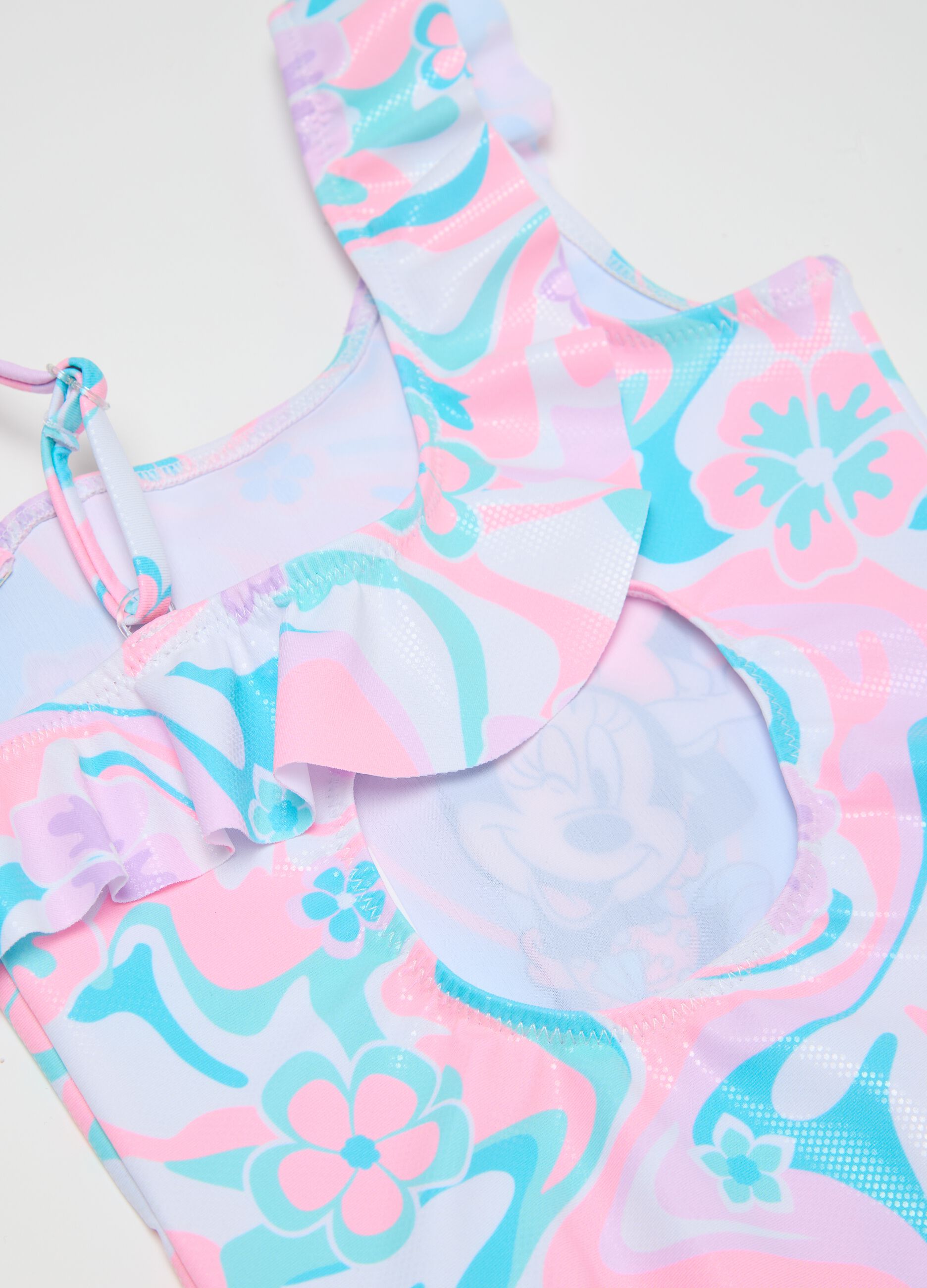 Girls’ one-piece swimsuit in multicoloured stretch fabric with Minnie Mouse print