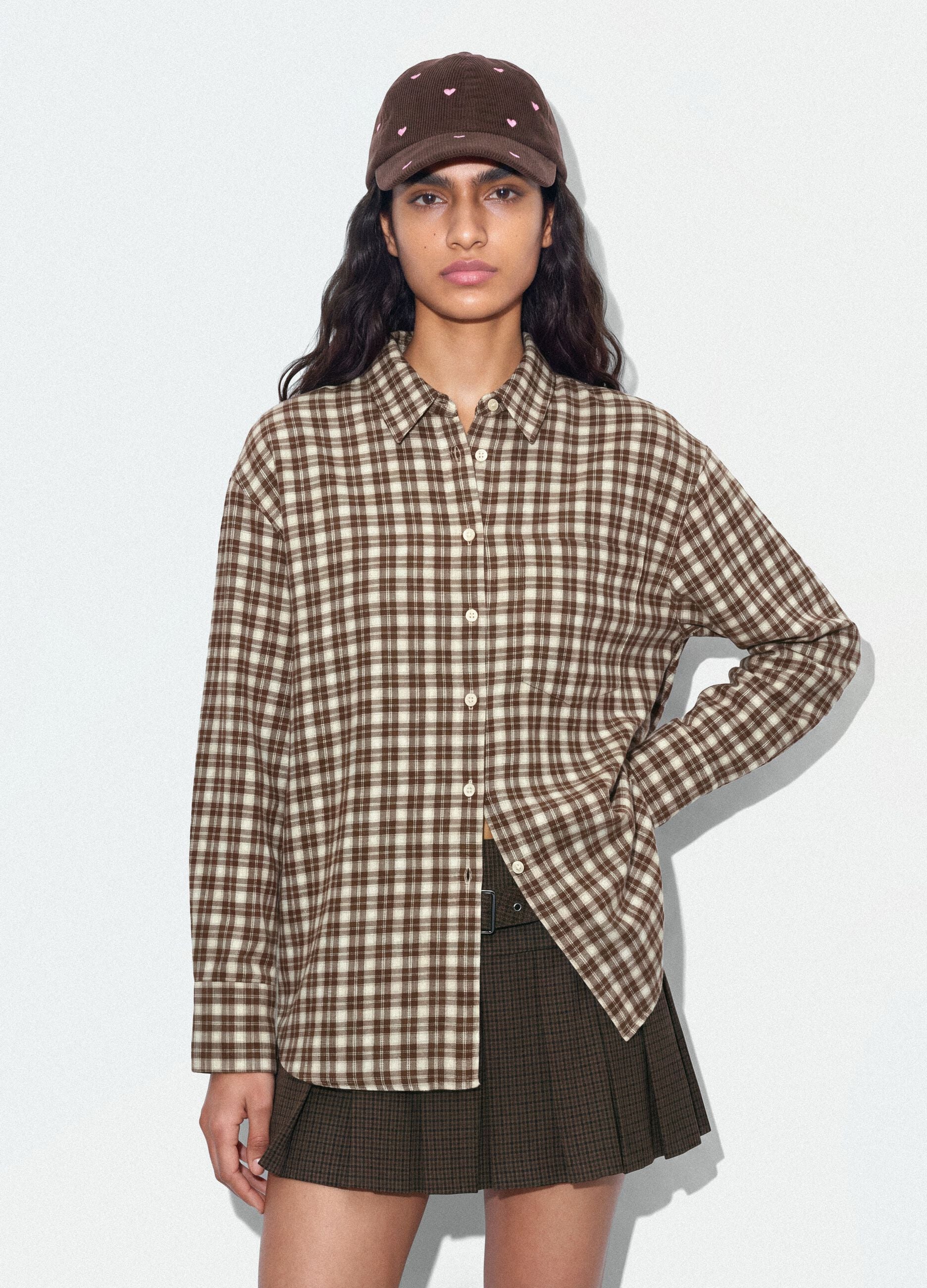 Camicia marrone a quadri in flanella di puro cotone