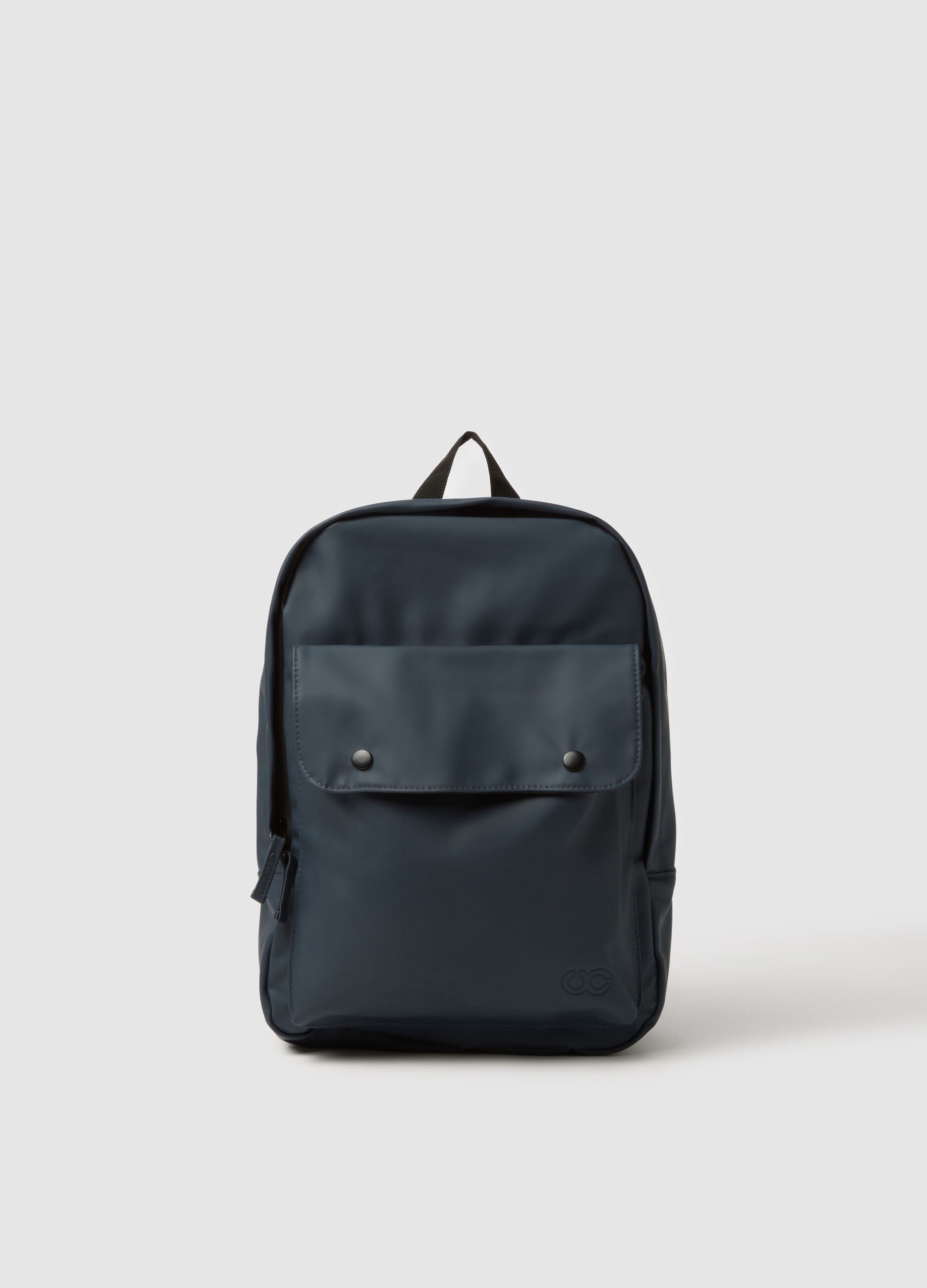 Blue backpack with adjustable straps and front pocket