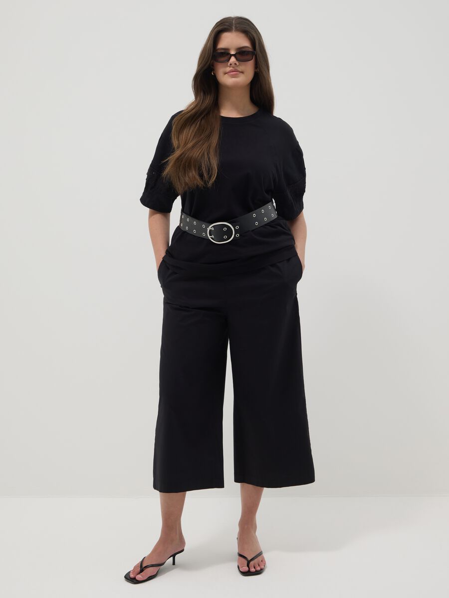 Black stretch cotton wide-leg trousers_0