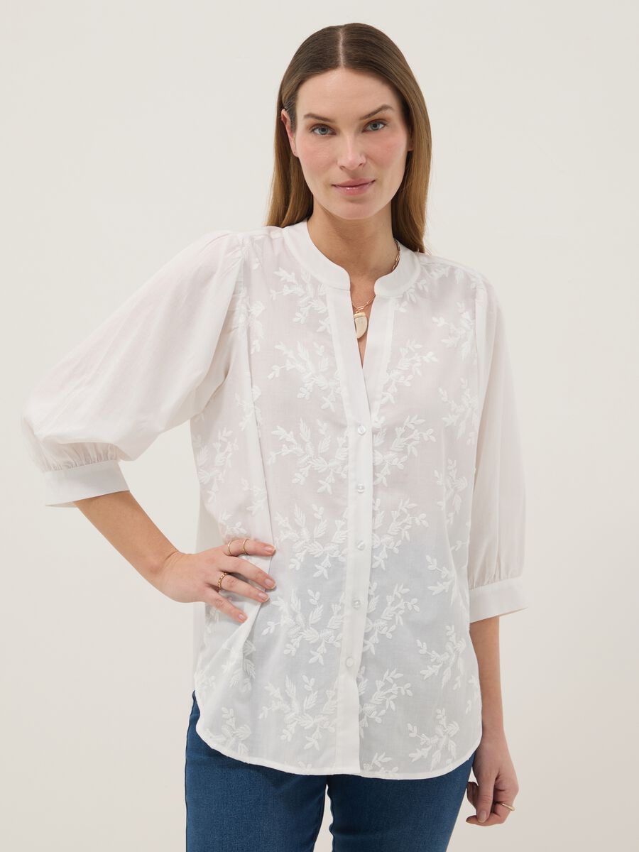 Camicia premaman bianca in puro cotone con collo alla coreana_0