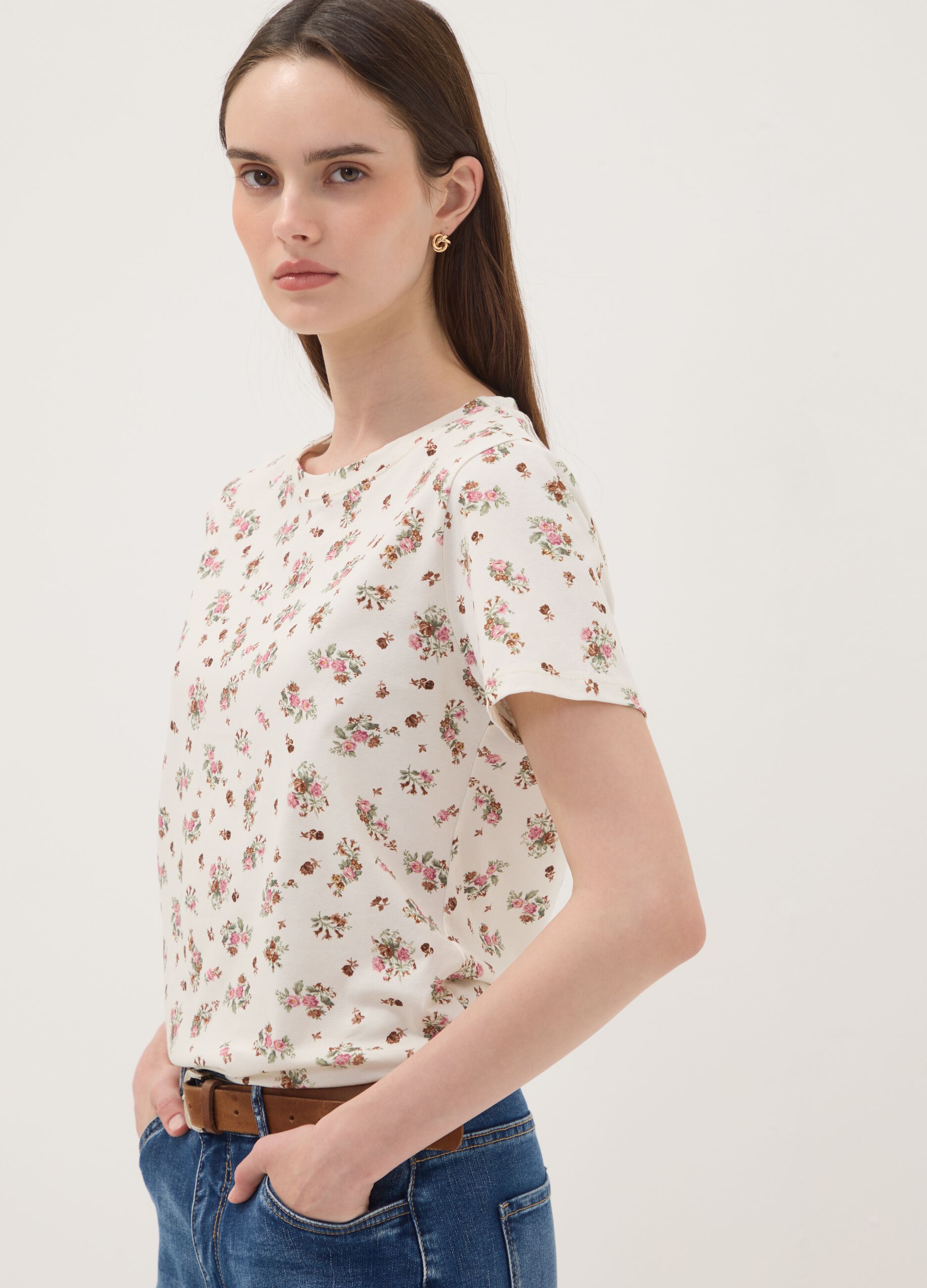 White floral stretch-cotton T-shirt, regular fit