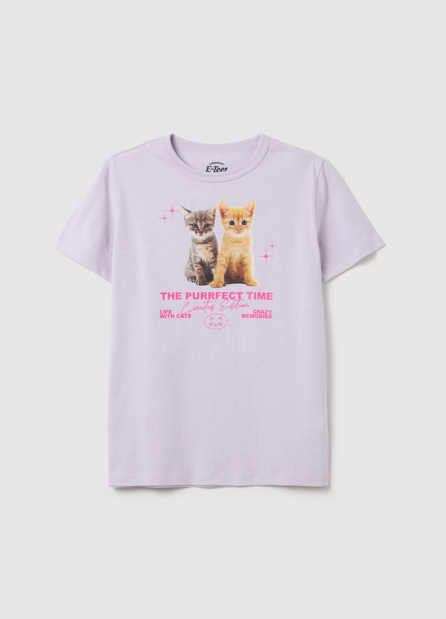 Purple T-shirt in cotton with kittens print