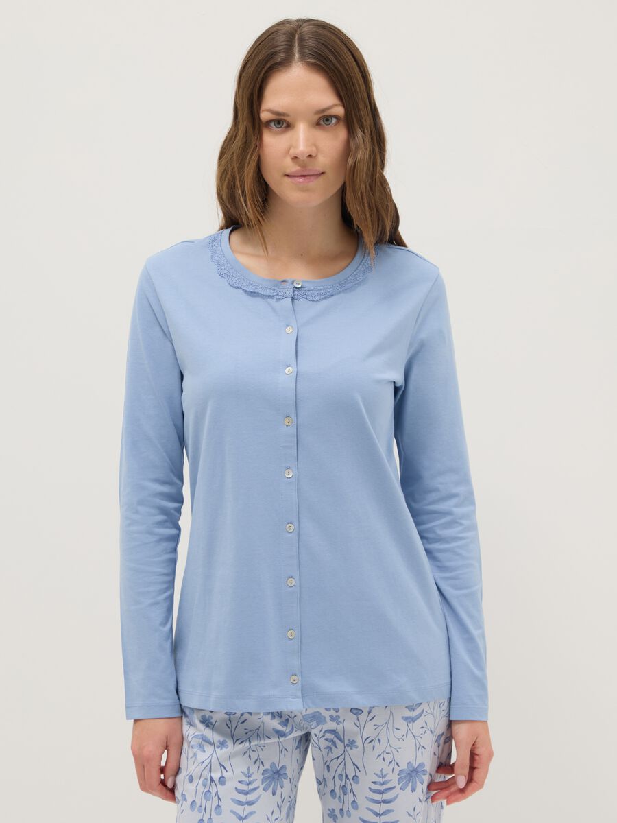 Blue pyjamas in pure cotton regular fit with floral details_1