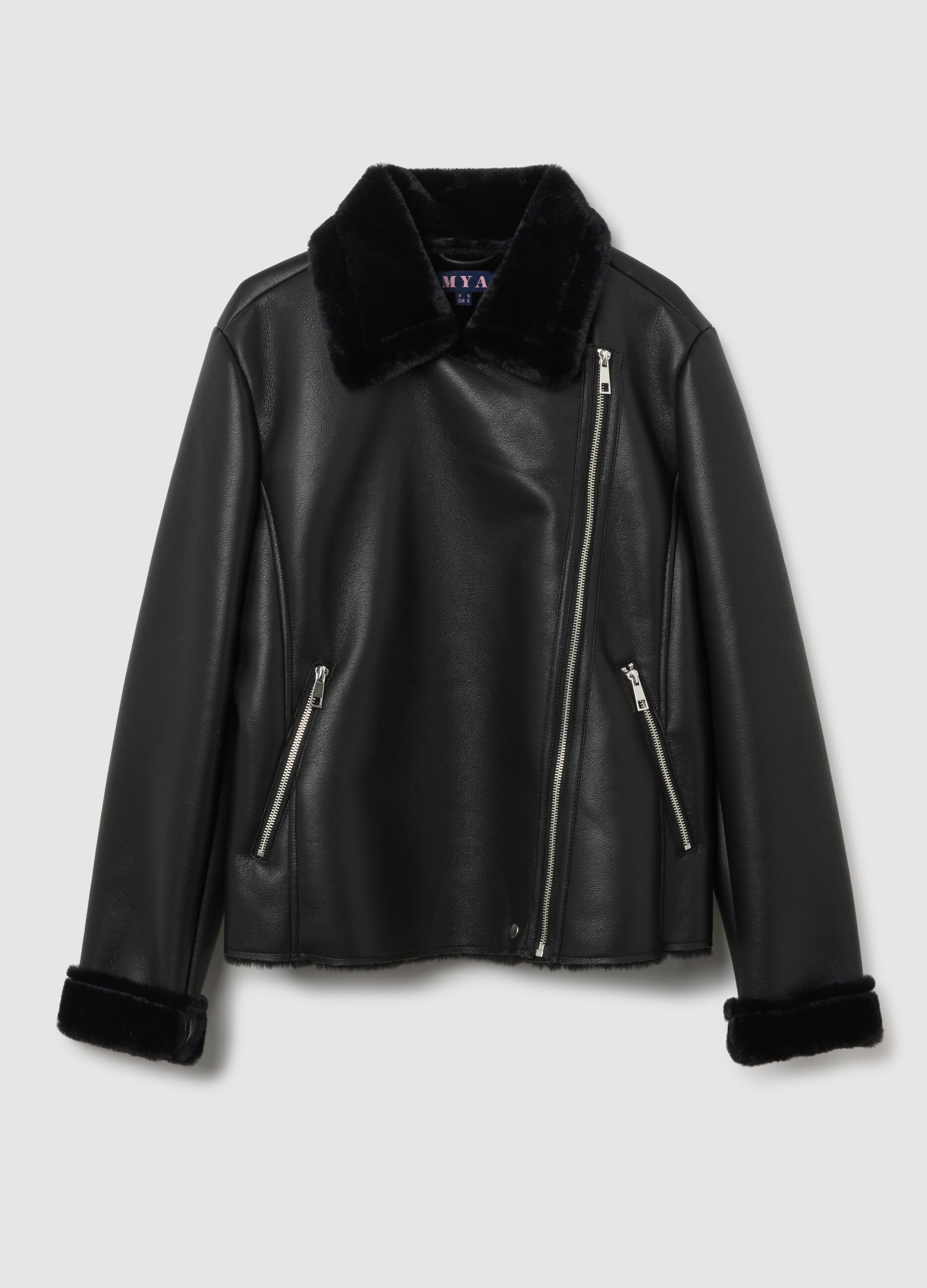 Black faux leather jacket with fur collar