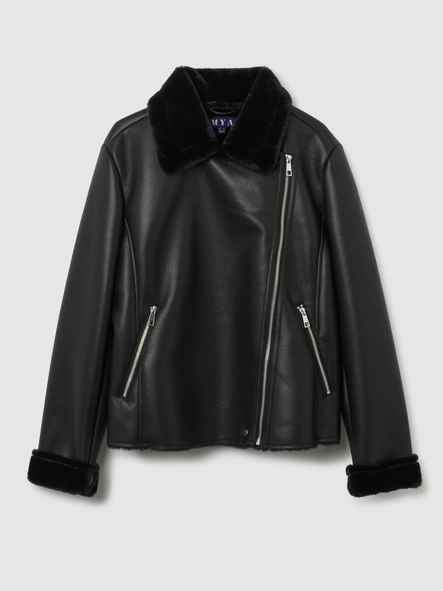 Black faux leather jacket with fur collar_0