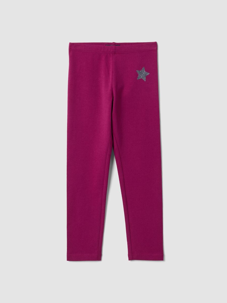Leggings viola neri in cotone organico elasticizzato con stella per bambina_0