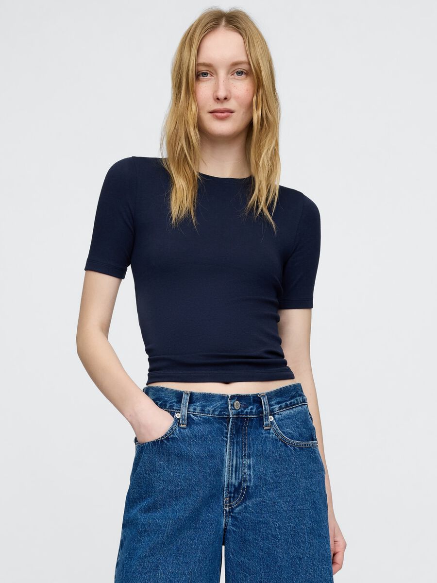 Dark blue cropped short sleeve T-shirt_0