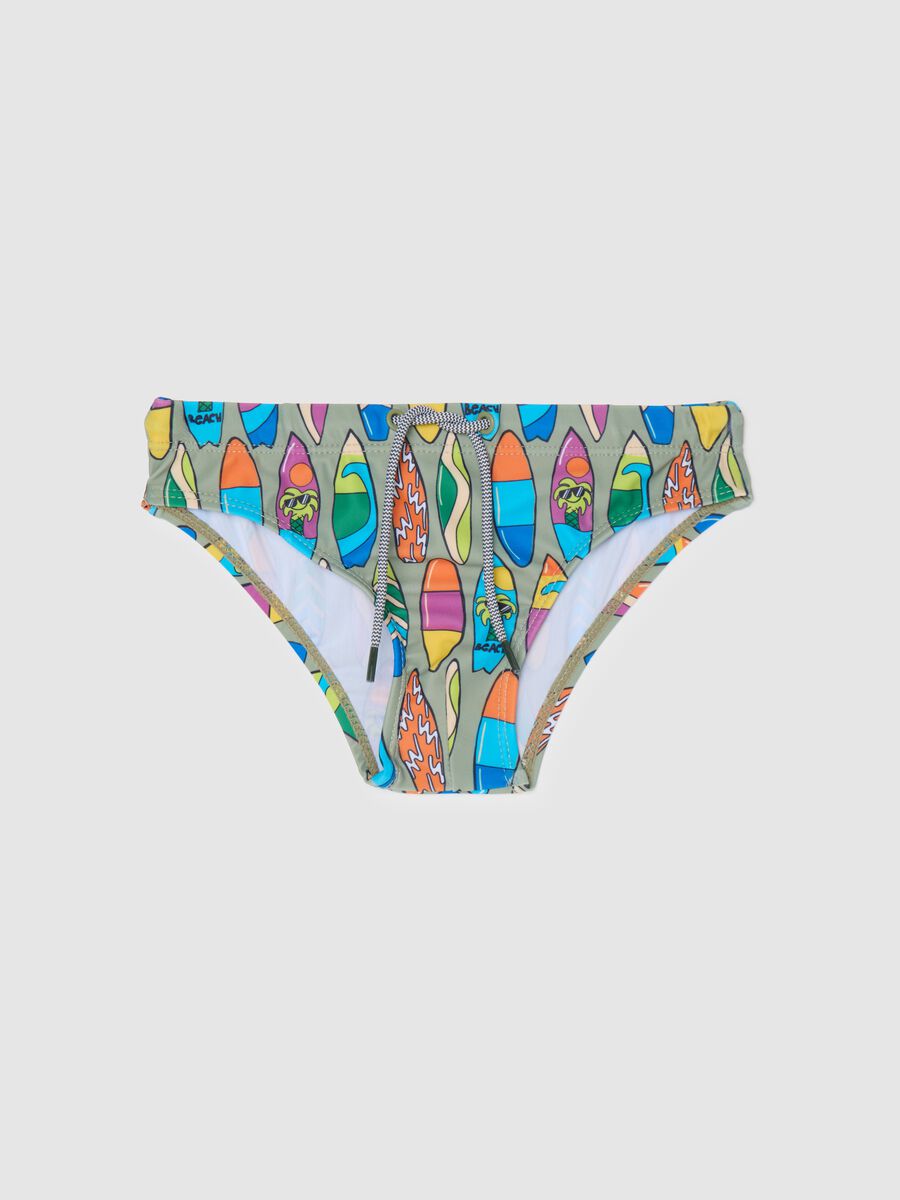 Boys’ swim briefs in multicoloured stretch fabric and with elastic waistband_0