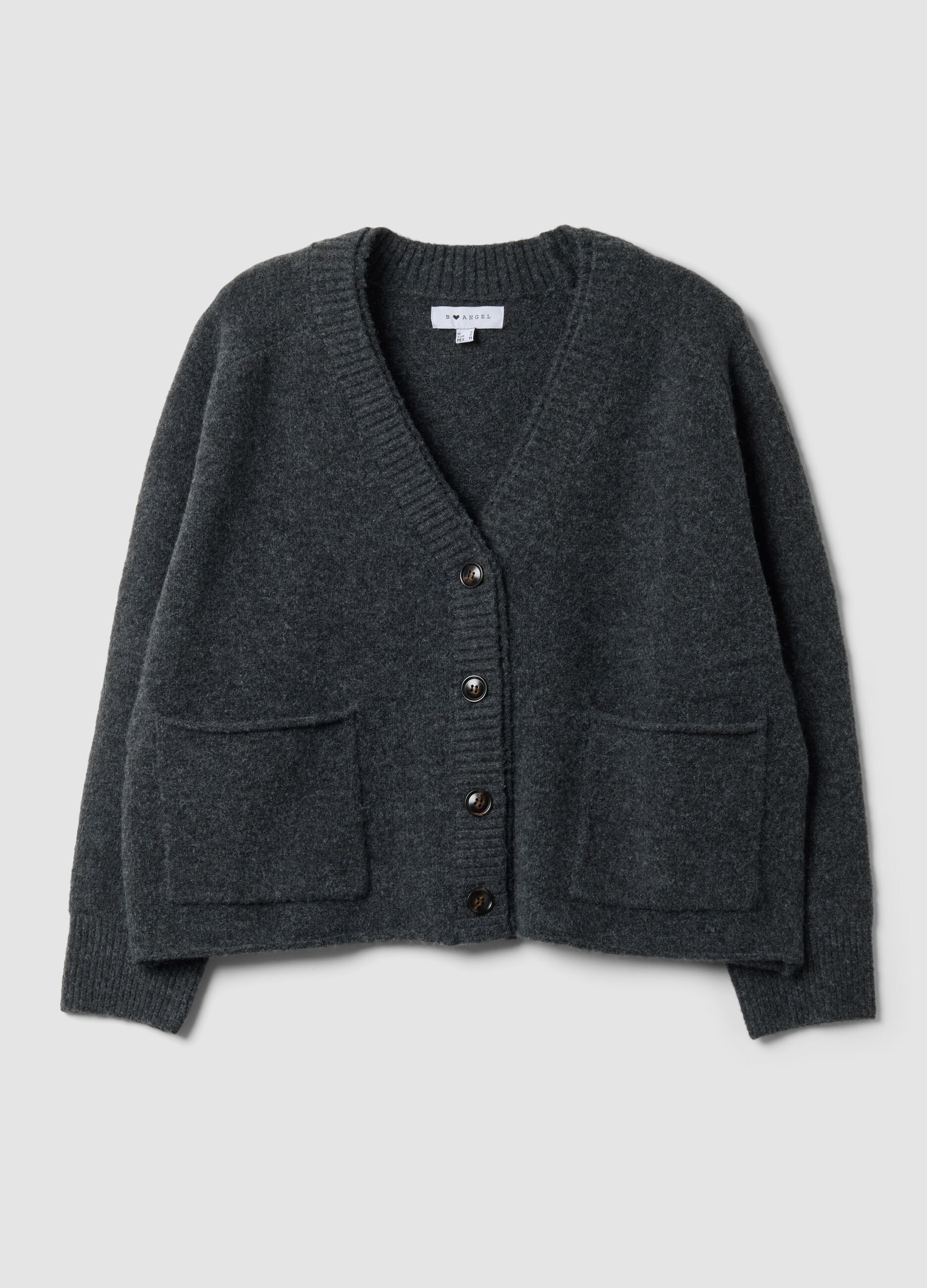 Cardigan grigio in lana elasticizzata con scollo profondo a V