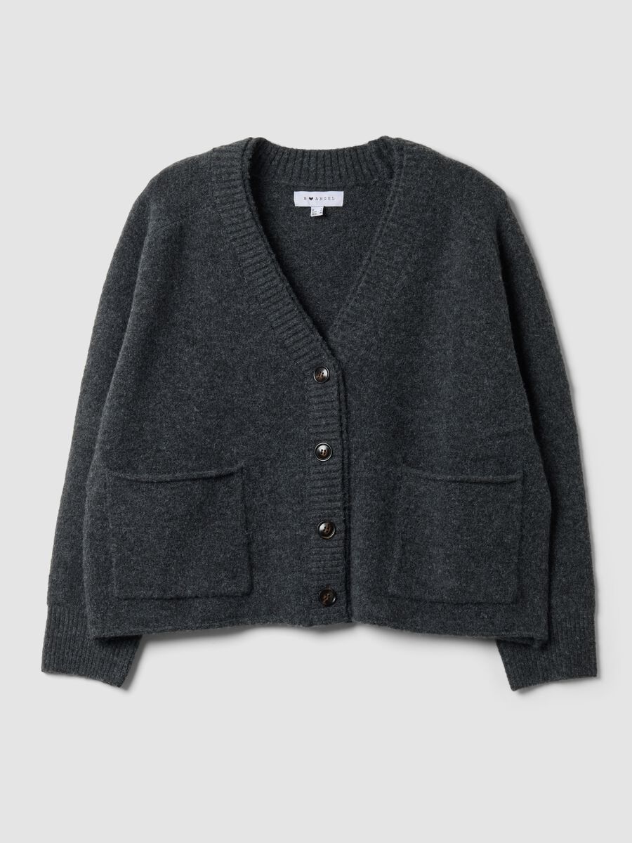 Cardigan grigio in lana elasticizzata con scollo profondo a V_0