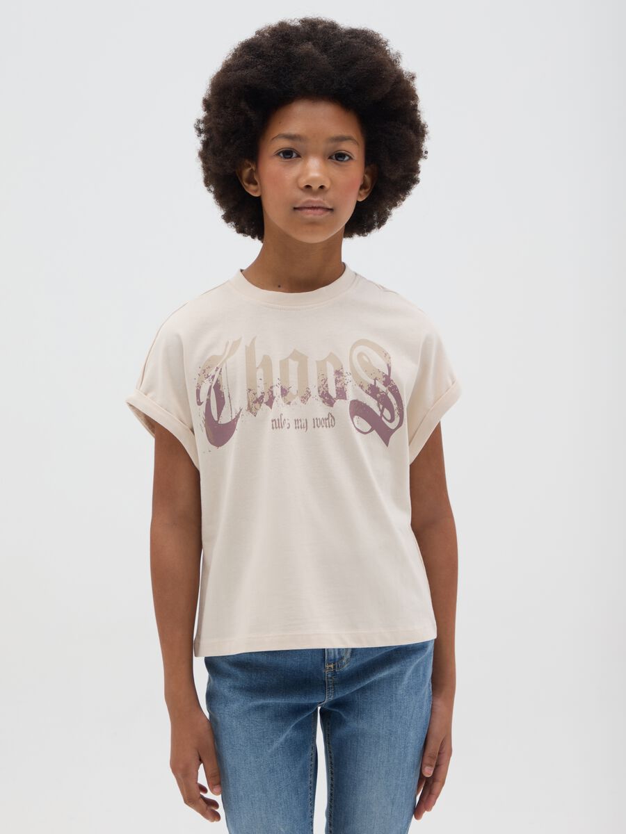 T-shirt da ragazza in puro cotone beige regular fit con stampa_0