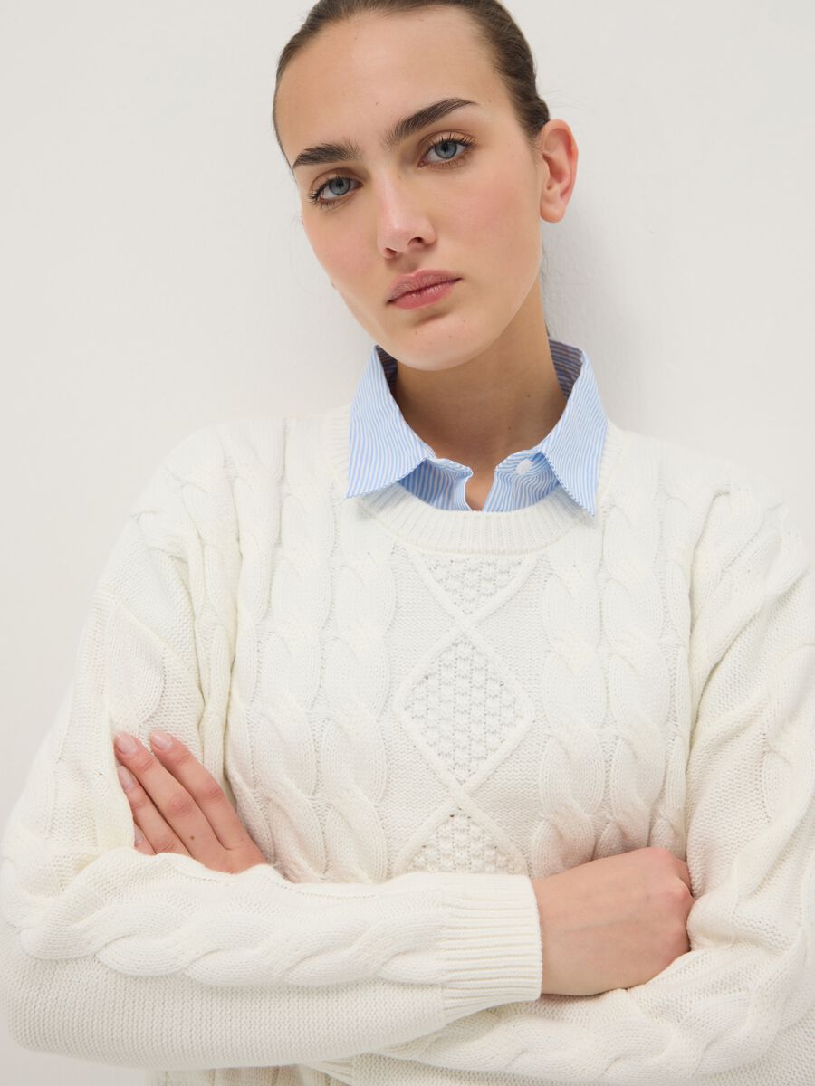 White cotton blend sweater regular fit with cable knit pattern_3